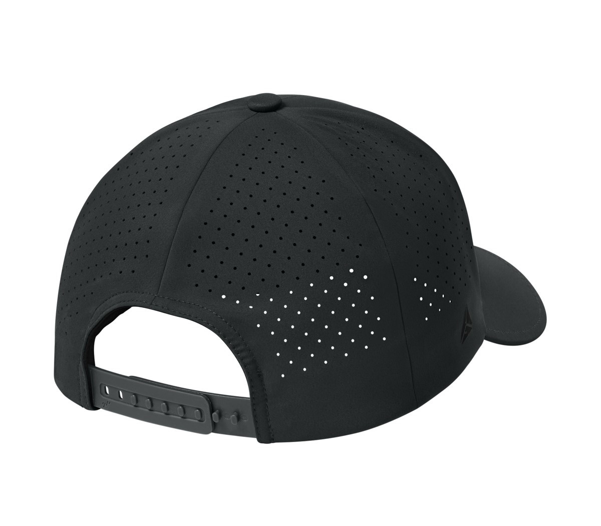 Black low-profile performance cap with perforated back panels, curved bill, seamless construction, adjustable snapback closure, and stretch sweatband.