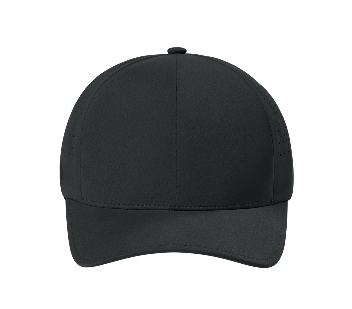 Black low-profile performance cap with perforated back panels, curved bill, seamless construction, adjustable snapback closure, and stretch sweatband.