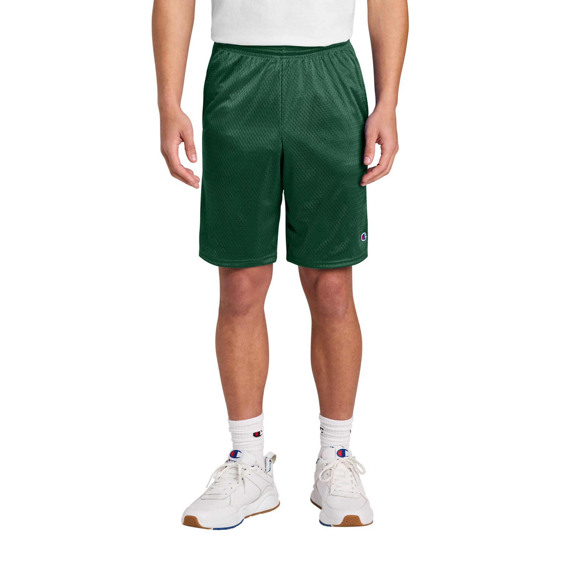 Athletic Dark Green mesh athletic shorts with side pockets, elastic waistband with interior drawcord, tricot liner, and full athletic fit.