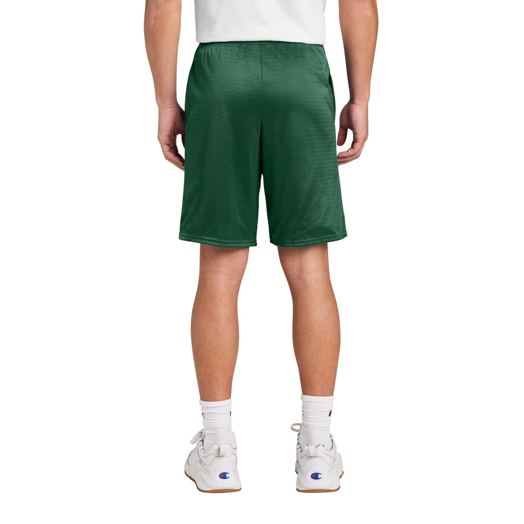 Athletic Dark Green mesh athletic shorts with side pockets, elastic waistband with interior drawcord, tricot liner, and full athletic fit.