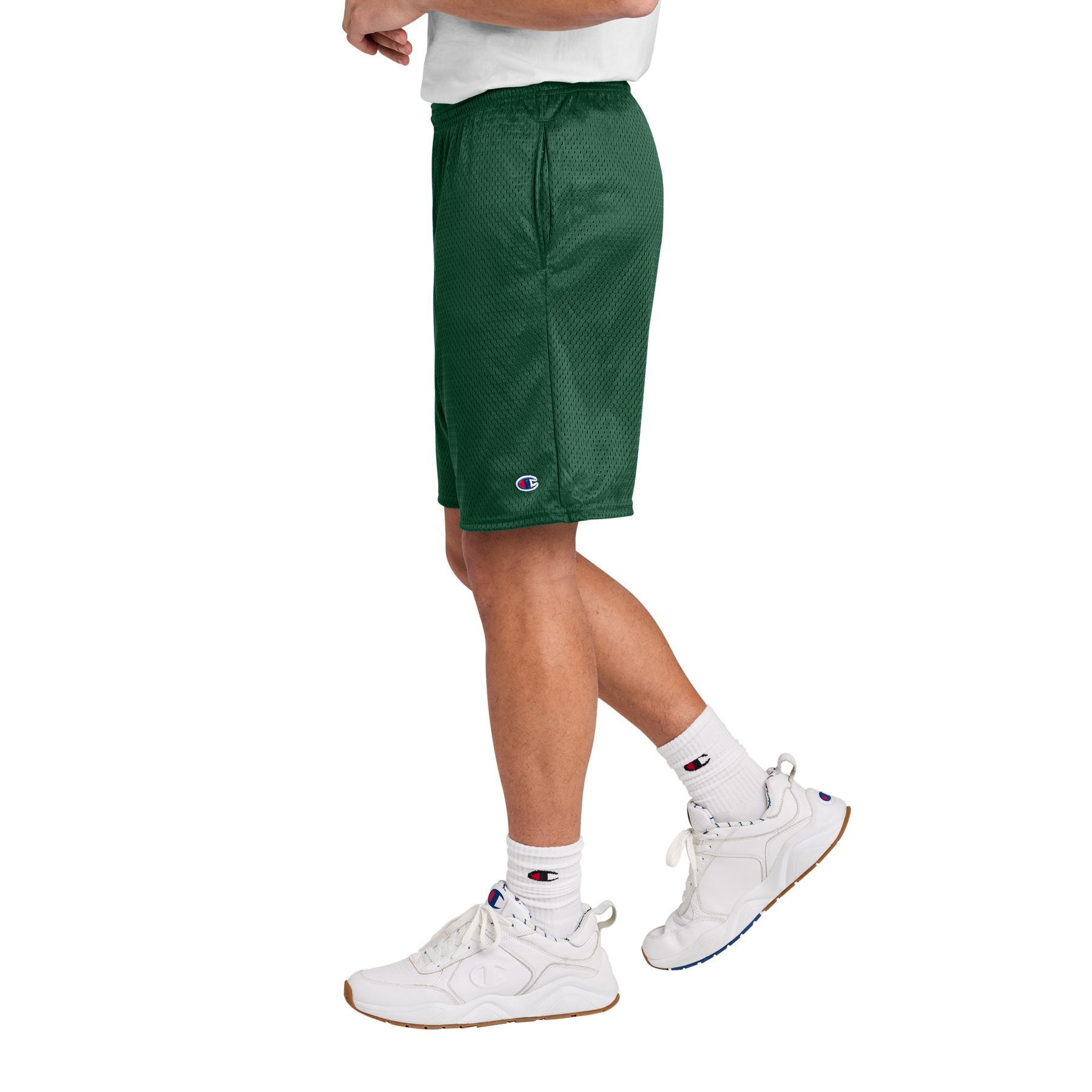 Athletic Dark Green mesh athletic shorts with side pockets, elastic waistband with interior drawcord, tricot liner, and full athletic fit.