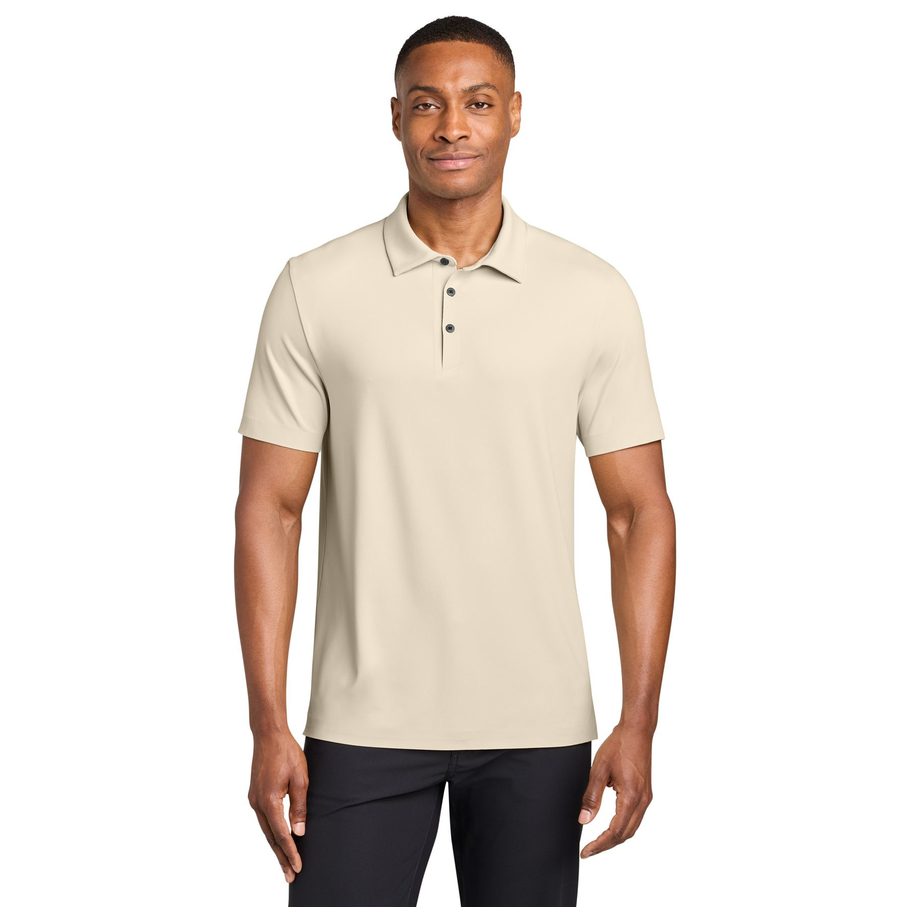 Alabaster MiiR® Alta Polo, lightweight recycled nylon and spandex performance polo with a self-fabric collar, three-button placket, short sleeves, and a clean minimalist design for work, golf, and everyday wear.