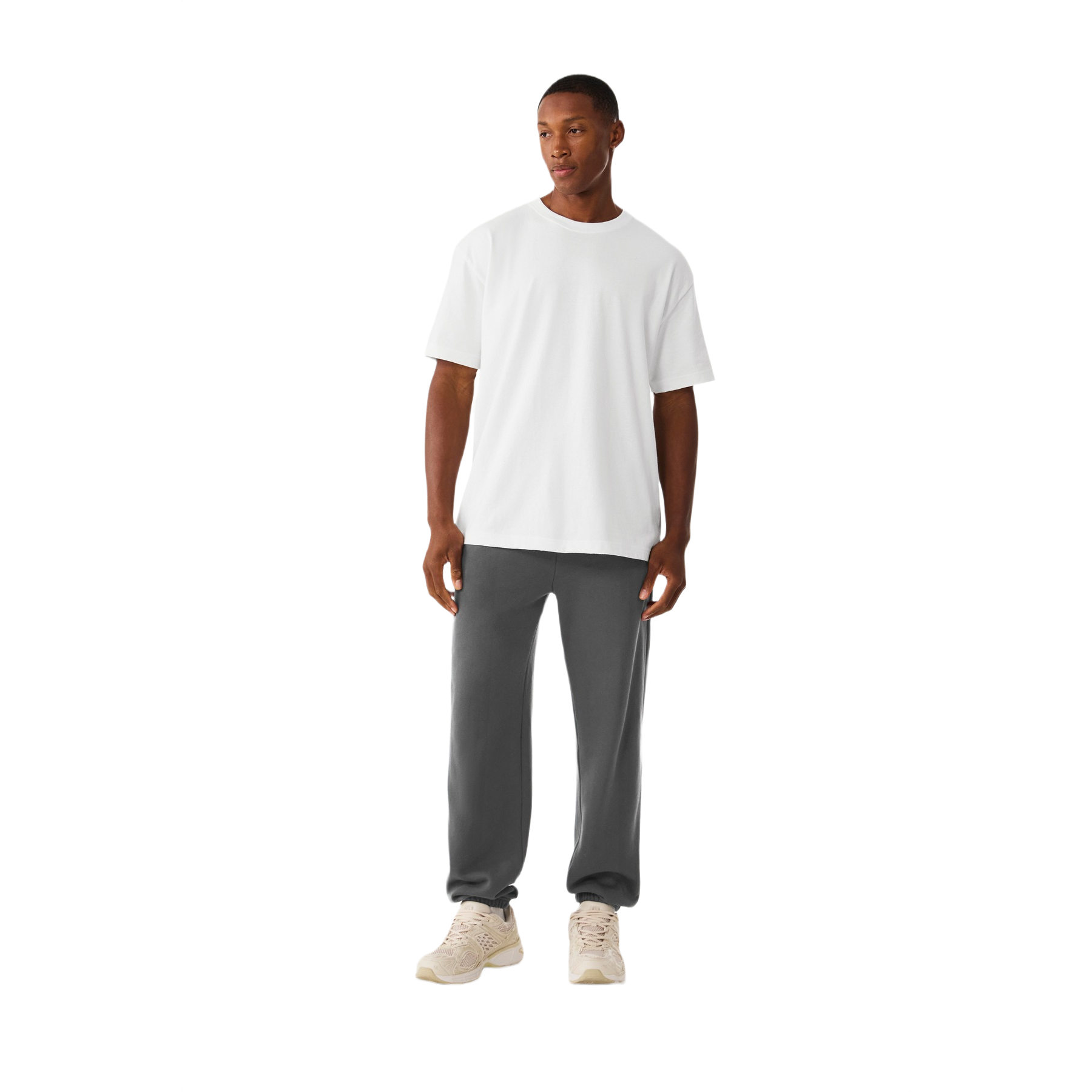Asphalt BELLA+CANVAS unisex sponge fleece sweatpants with an interior drawcord, encased elastic leg cuffs, relaxed fit, and tear-away label.