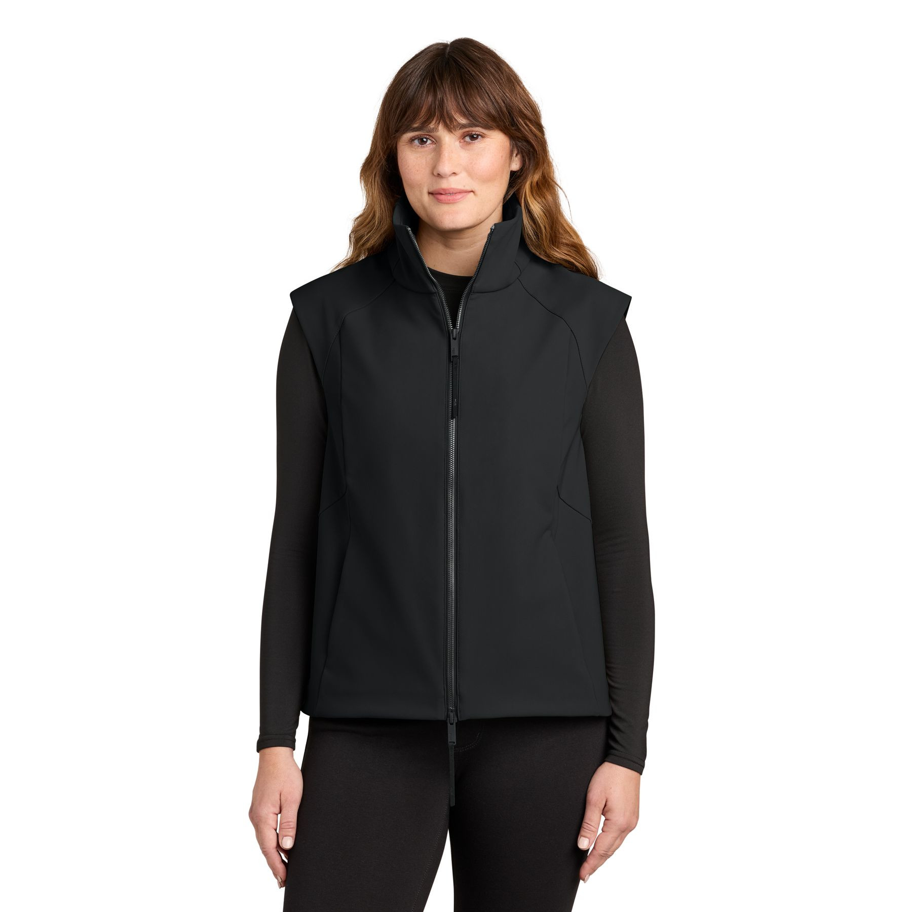 Pitch Black MiiR® Women’s Nozawa Soft Shell Vest, recycled polyester soft shell vest with a full-zip front, stand collar, zippered pockets, and a sleek tailored fit for layering, outdoor activities, commuting, and everyday wear.