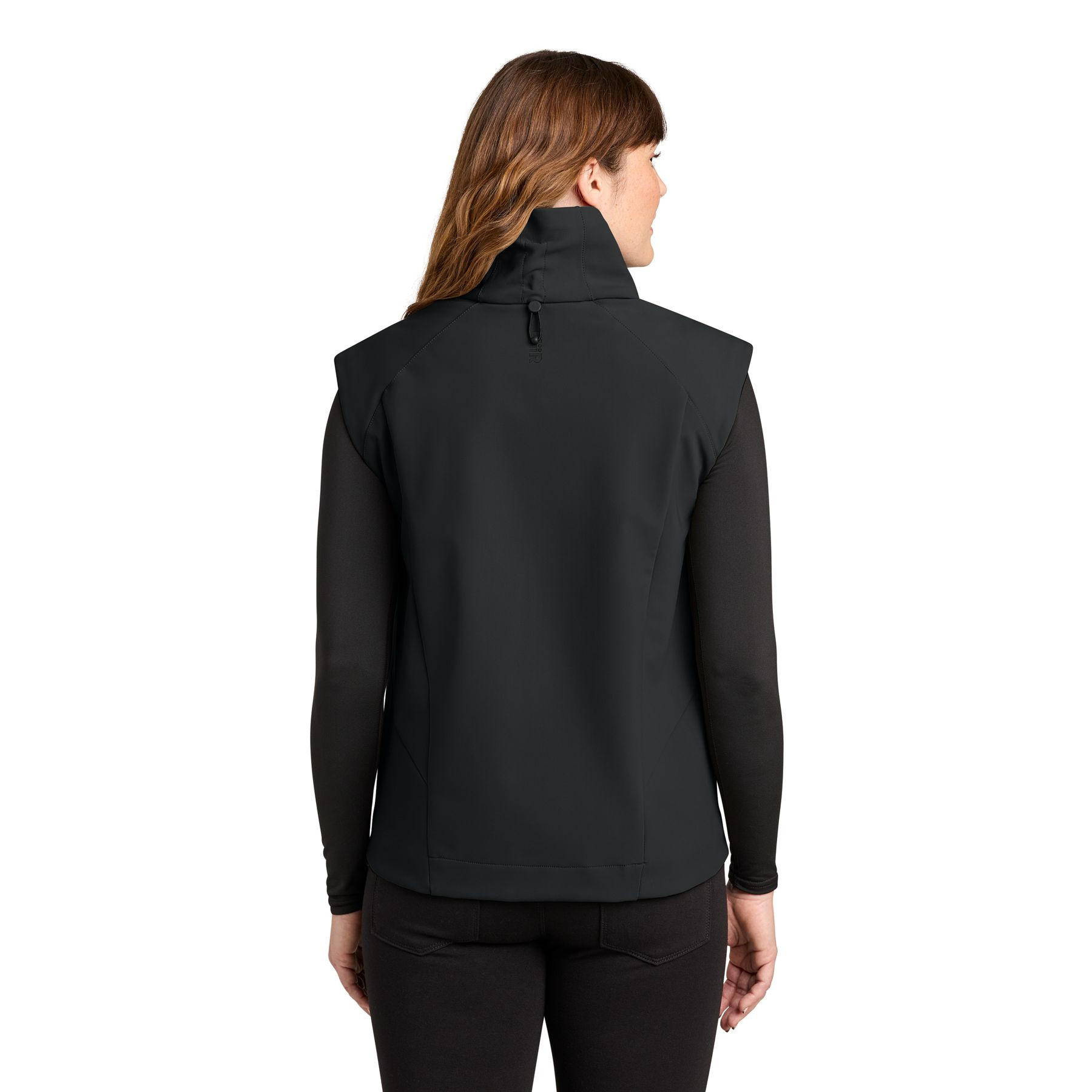 Pitch Black MiiR® Women’s Nozawa Soft Shell Vest, recycled polyester soft shell vest with a full-zip front, stand collar, zippered pockets, and a sleek tailored fit for layering, outdoor activities, commuting, and everyday wear.