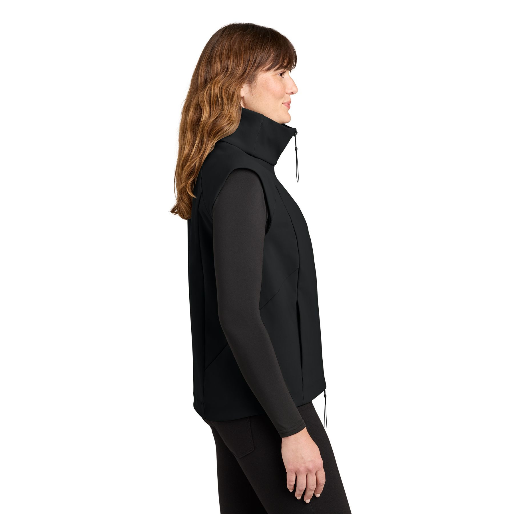 Pitch Black MiiR® Women’s Nozawa Soft Shell Vest, recycled polyester soft shell vest with a full-zip front, stand collar, zippered pockets, and a sleek tailored fit for layering, outdoor activities, commuting, and everyday wear.