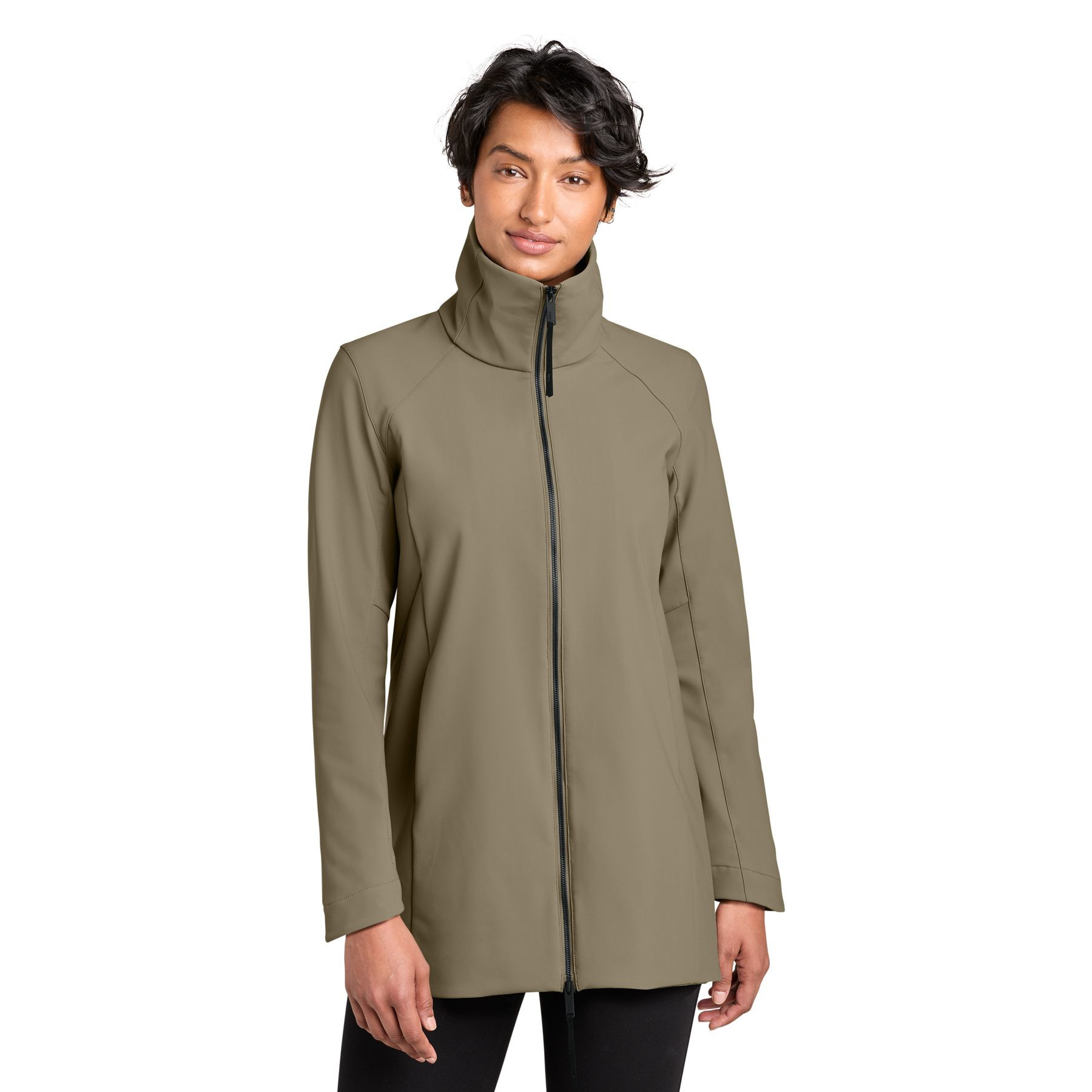 Truffle MiiR® Women’s Nozawa Full-Zip Soft Shell Jacket, recycled nylon and spandex soft shell jacket with a full-length zipper, stand collar, zippered pockets, and a streamlined fit for outdoor activities, commuting, and everyday wear.