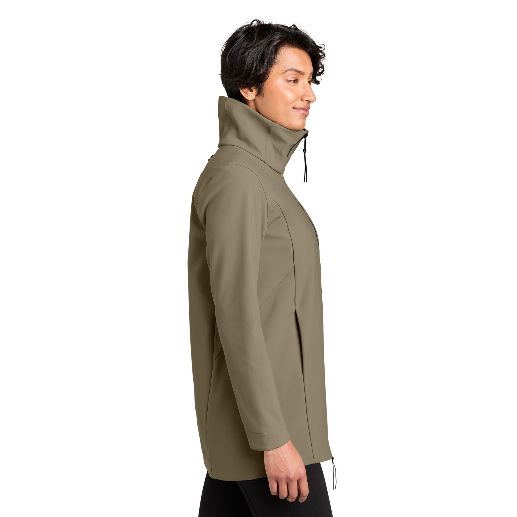 Truffle MiiR® Women’s Nozawa Full-Zip Soft Shell Jacket, recycled nylon and spandex soft shell jacket with a full-length zipper, stand collar, zippered pockets, and a streamlined fit for outdoor activities, commuting, and everyday wear.