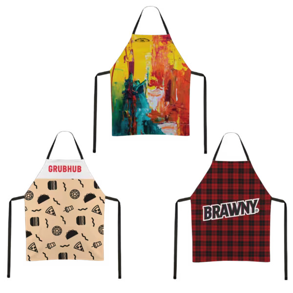 Custom full-color dye-sublimated polyester apron featuring a vibrant all-over printed pattern for cooking, grilling, baking, and promotional events.