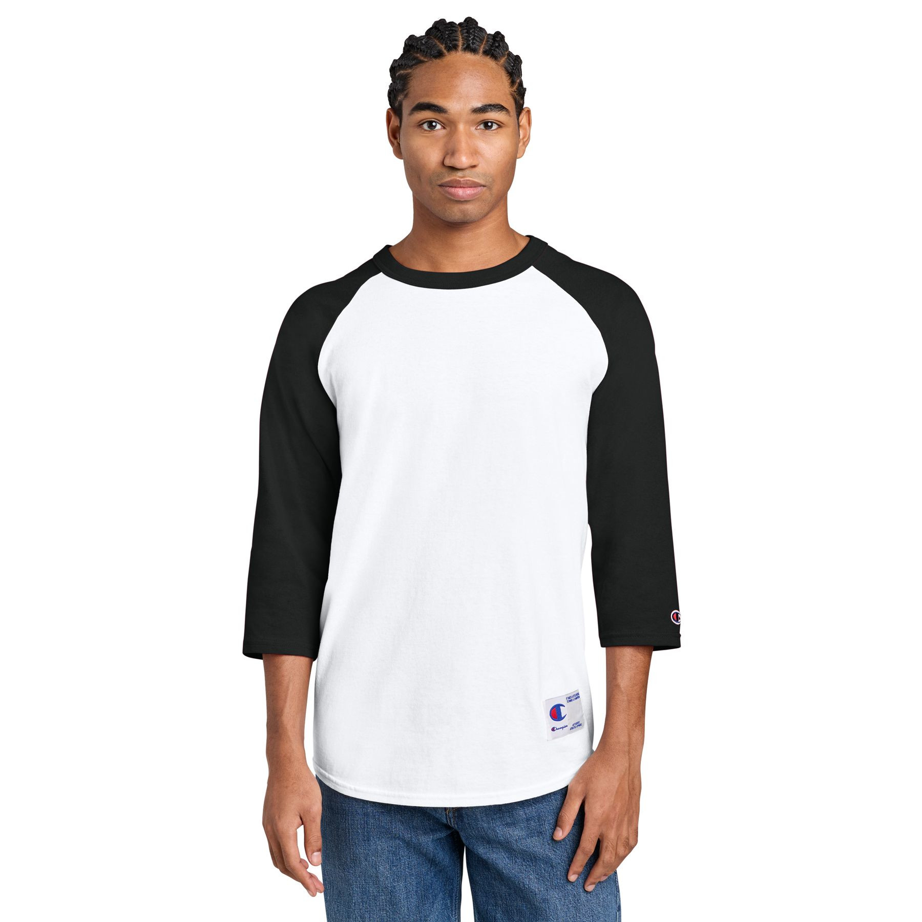 White and Black Champion raglan baseball tee made from 100% U.S. grown cotton with contrasting 3/4 raglan sleeves, classic fit, tag-free label, Champion "C" logo on the left sleeve, and locker patch on the left hem.