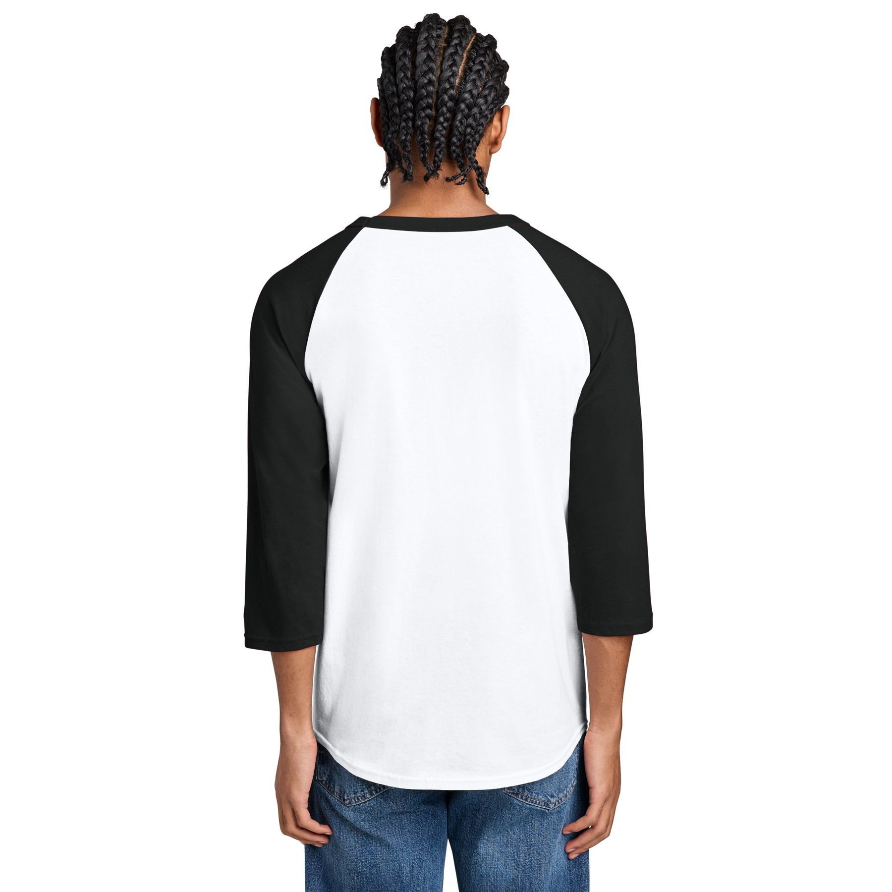 White and Black Champion raglan baseball tee made from 100% U.S. grown cotton with contrasting 3/4 raglan sleeves, classic fit, tag-free label, Champion "C" logo on the left sleeve, and locker patch on the left hem.
