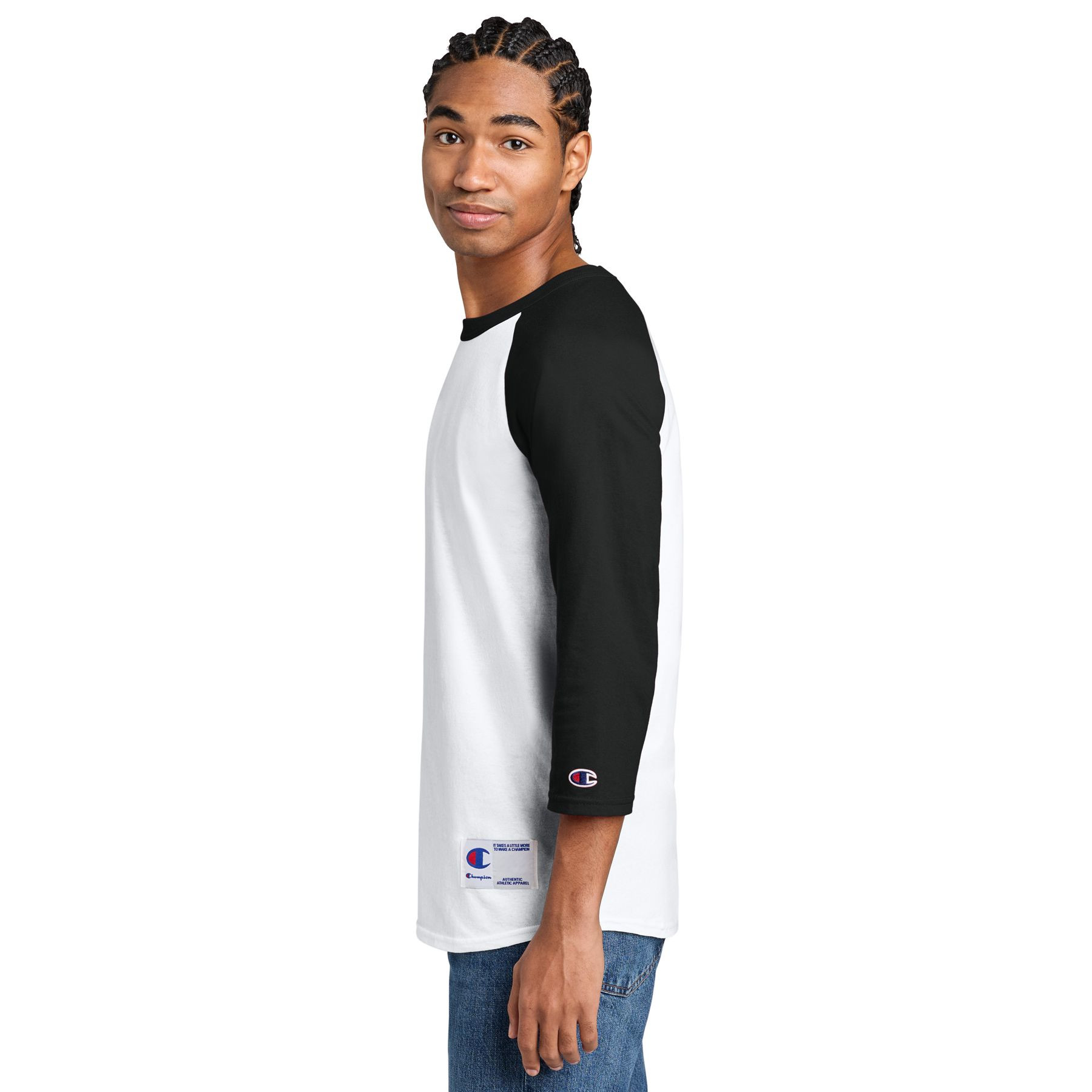 White and Black Champion raglan baseball tee made from 100% U.S. grown cotton with contrasting 3/4 raglan sleeves, classic fit, tag-free label, Champion "C" logo on the left sleeve, and locker patch on the left hem.