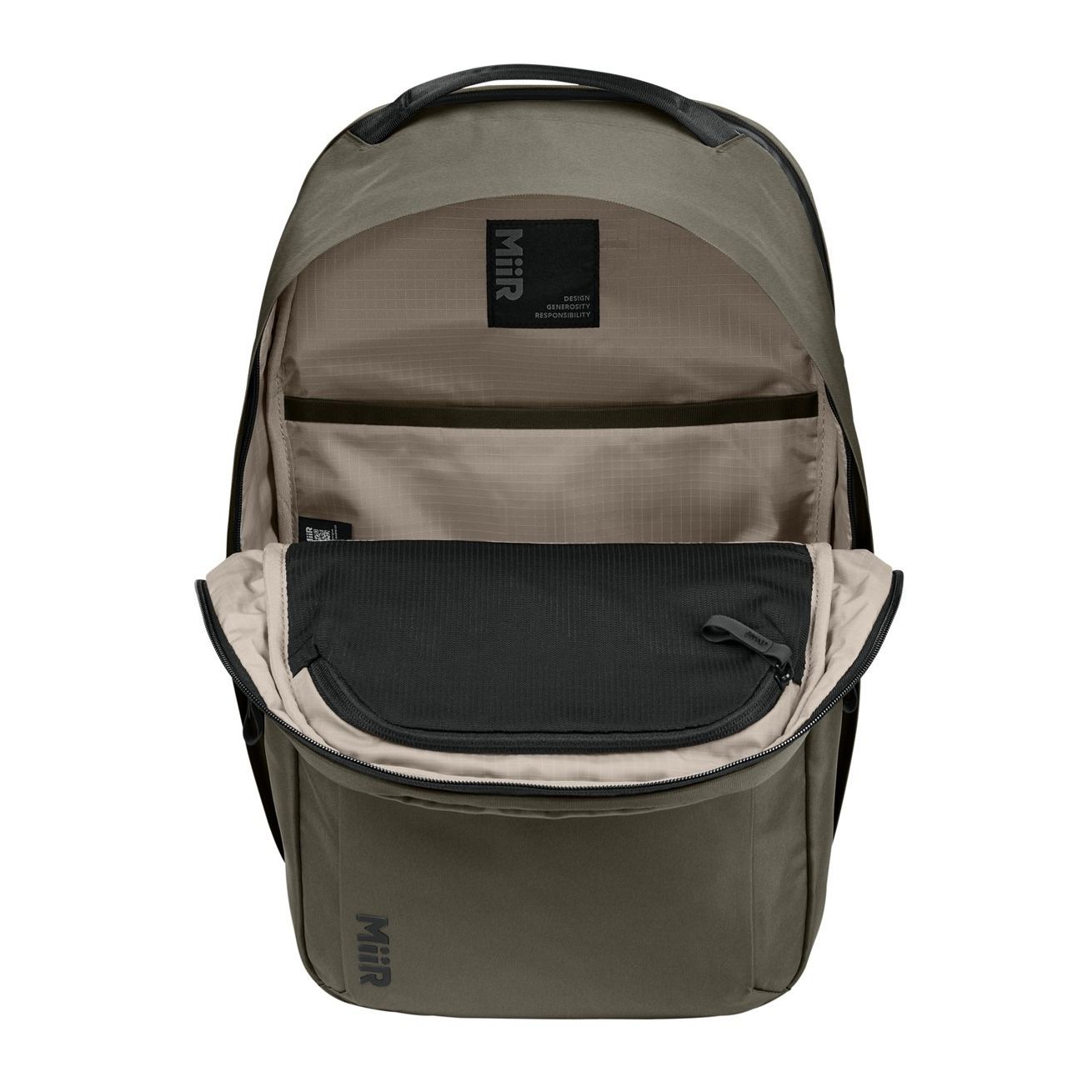 Truffle MiiR® Kondoh Pack backpack, durable recycled polyester backpack with a streamlined silhouette, padded shoulder straps, multiple zippered compartments, and a top carry handle for commuting, travel, work, and everyday carry.