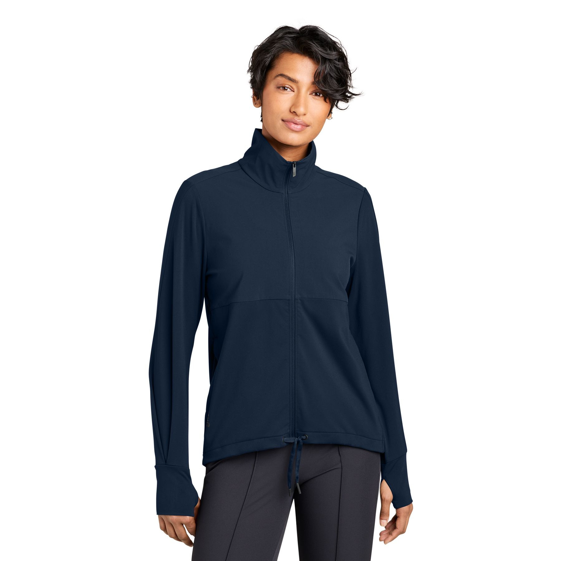 Indigo Navy MiiR® Women’s Kivu Hybrid Full-Zip Jacket, recycled nylon and spandex hybrid jacket with a full-length zipper, stand collar, woven panel accents, zippered pockets, and stretch knit fabric for layering, travel, outdoor activities, and everyday wear.
