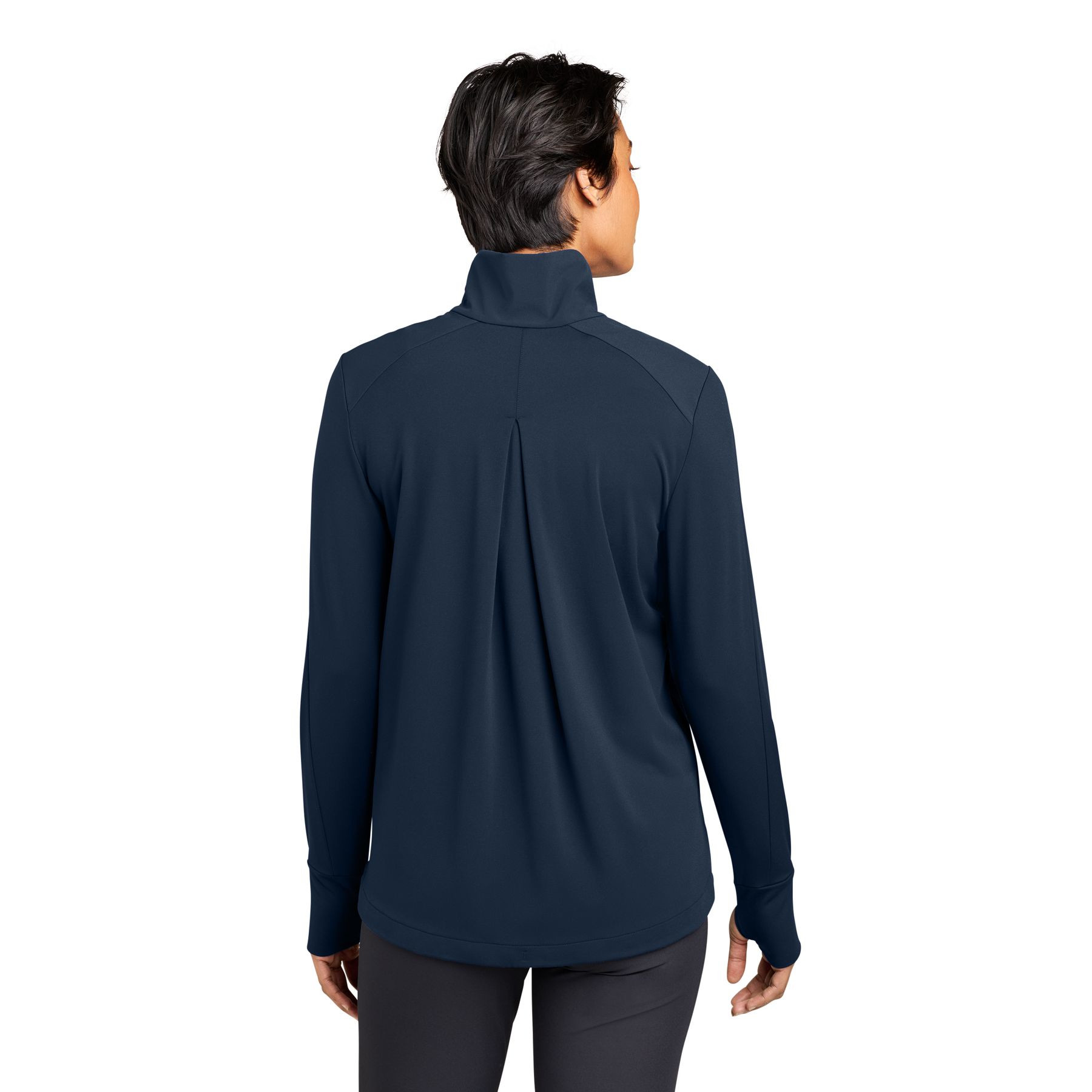 Indigo Navy MiiR® Women’s Kivu Hybrid Full-Zip Jacket, recycled nylon and spandex hybrid jacket with a full-length zipper, stand collar, woven panel accents, zippered pockets, and stretch knit fabric for layering, travel, outdoor activities, and everyday wear.