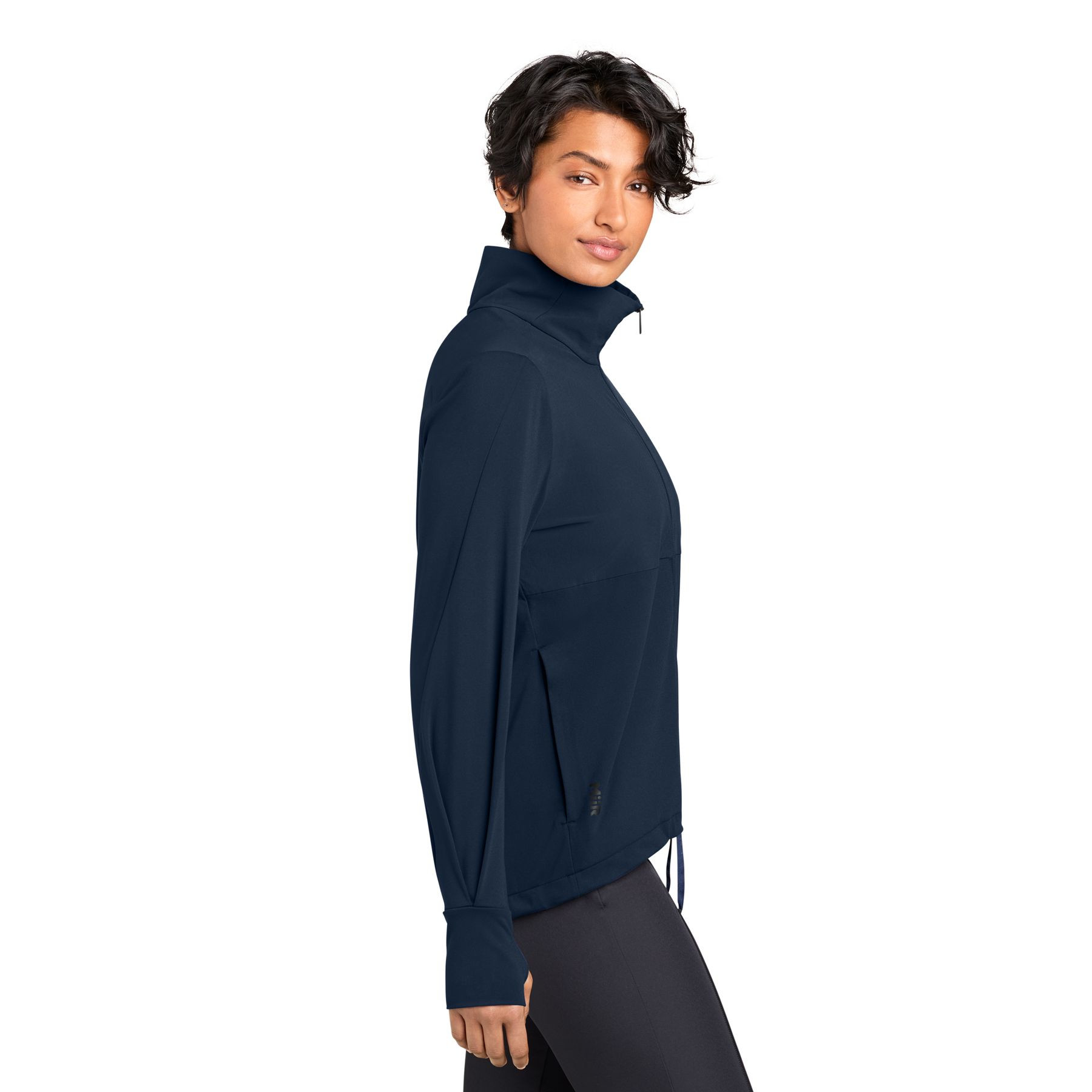 Indigo Navy MiiR® Women’s Kivu Hybrid Full-Zip Jacket, recycled nylon and spandex hybrid jacket with a full-length zipper, stand collar, woven panel accents, zippered pockets, and stretch knit fabric for layering, travel, outdoor activities, and everyday wear.