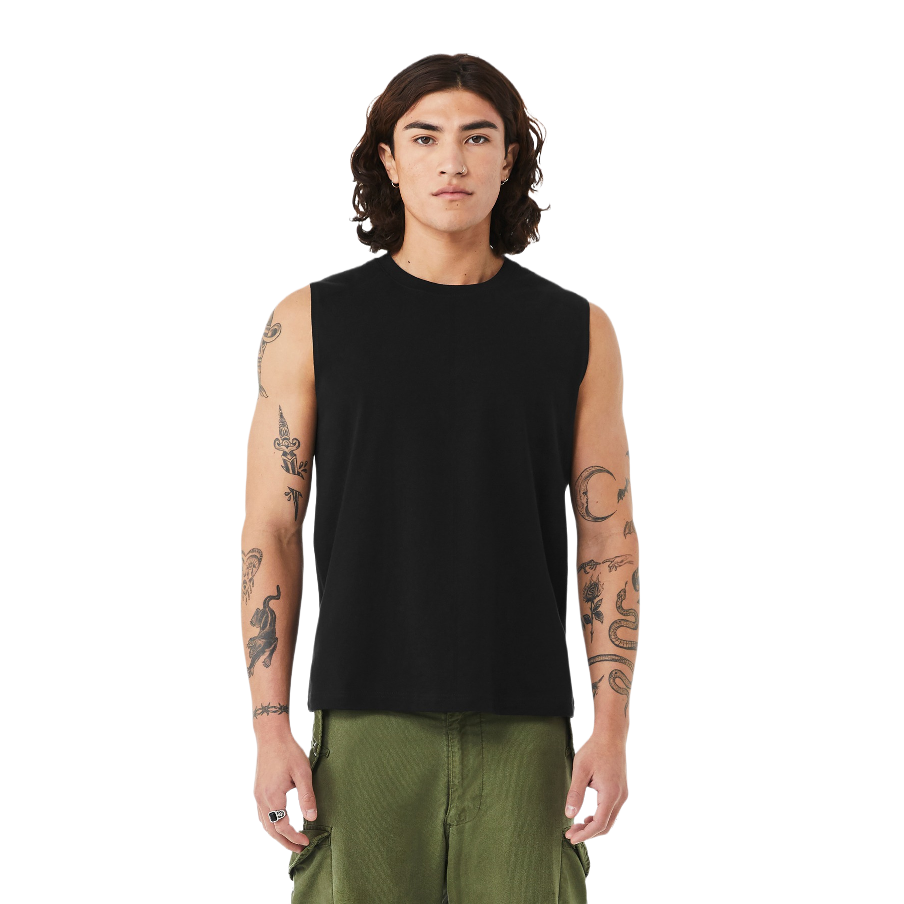 Black BELLA+CANVAS unisex jersey muscle tank made from Airlume combed and ring-spun cotton with a crew neckline, cut-off sleeves, wide armholes, retail fit, and side-seamed construction.