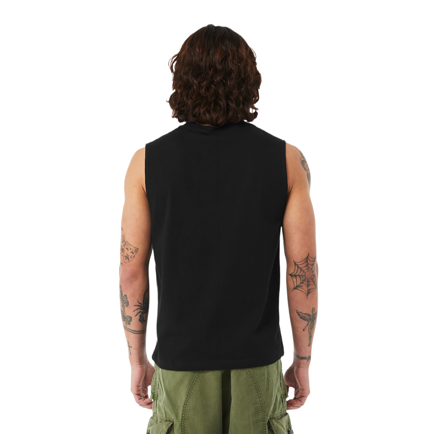 Black BELLA+CANVAS unisex jersey muscle tank made from Airlume combed and ring-spun cotton with a crew neckline, cut-off sleeves, wide armholes, retail fit, and side-seamed construction.