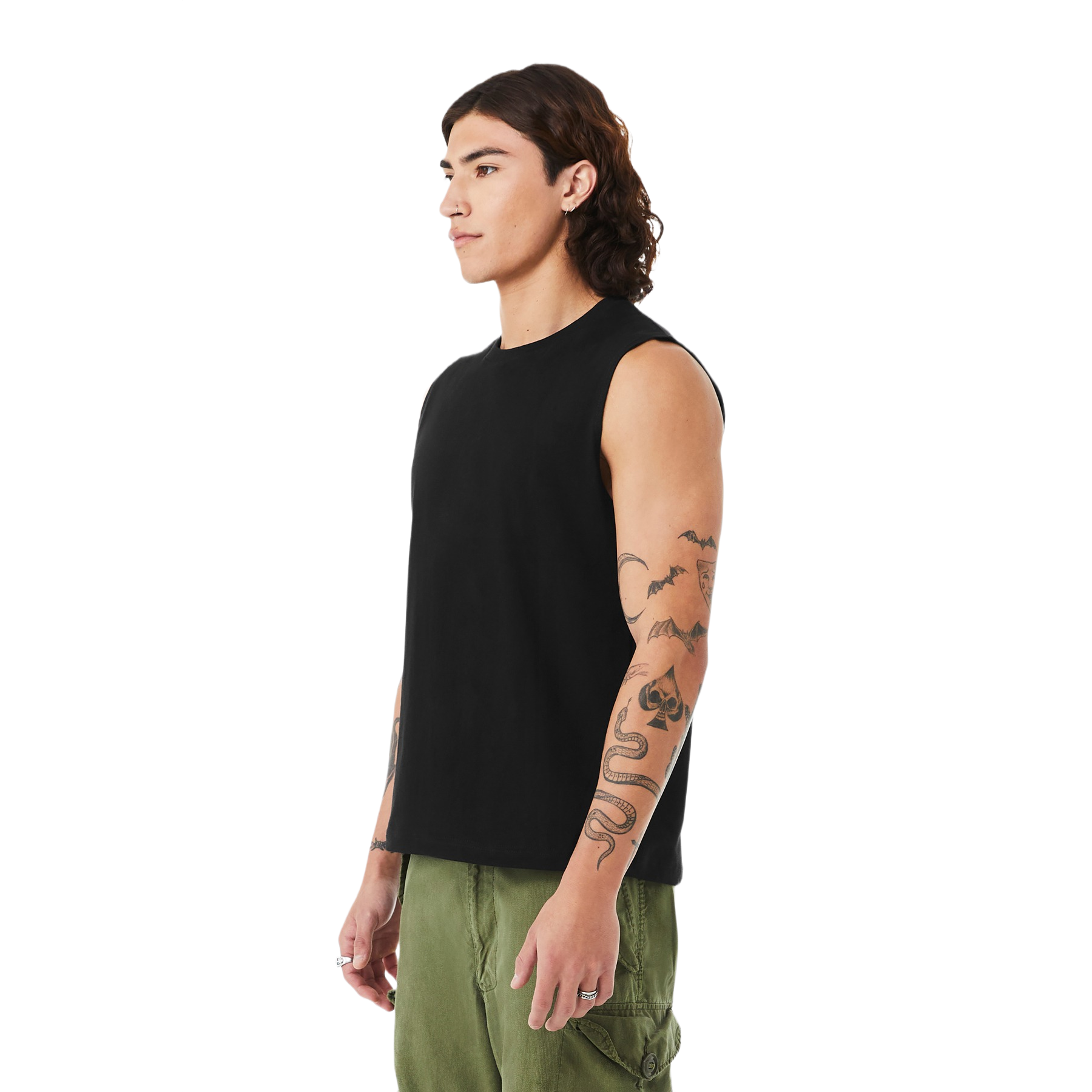 Black BELLA+CANVAS unisex jersey muscle tank made from Airlume combed and ring-spun cotton with a crew neckline, cut-off sleeves, wide armholes, retail fit, and side-seamed construction.