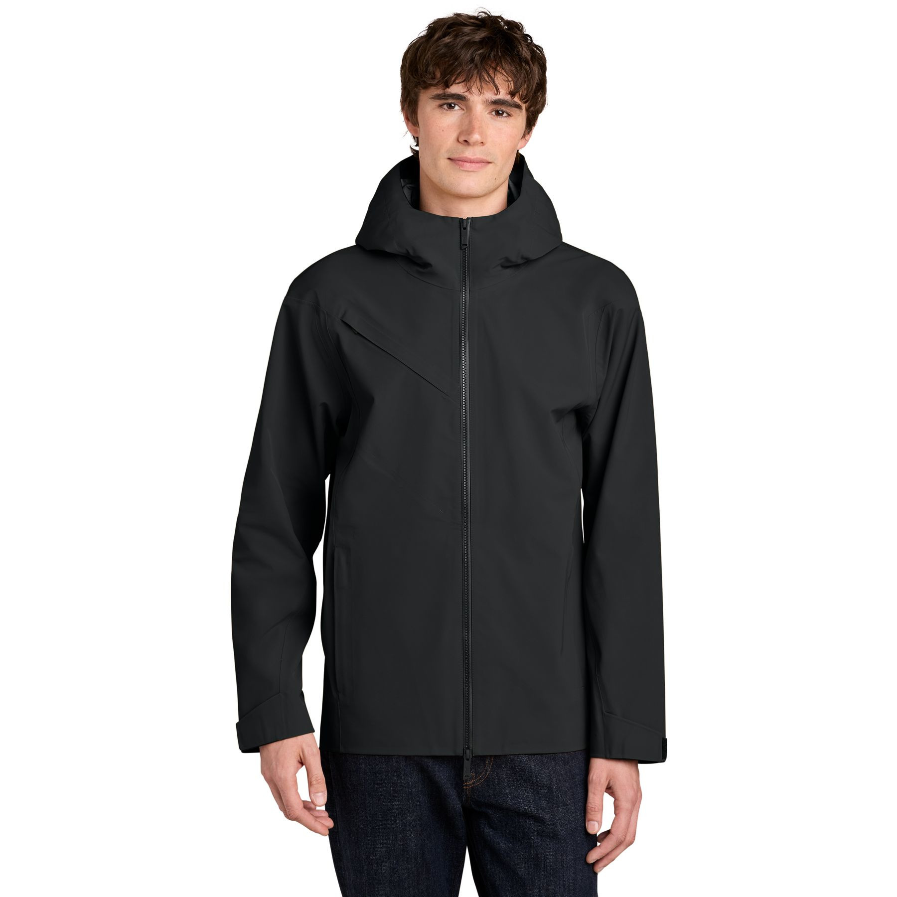 Pitch Black MiiR® Pourigami™ M1 Shell Jacket, waterproof recycled nylon and spandex shell jacket with an adjustable hood, full-length waterproof zipper, zippered pockets, and a streamlined design for hiking, travel, and wet-weather outdoor wear.
