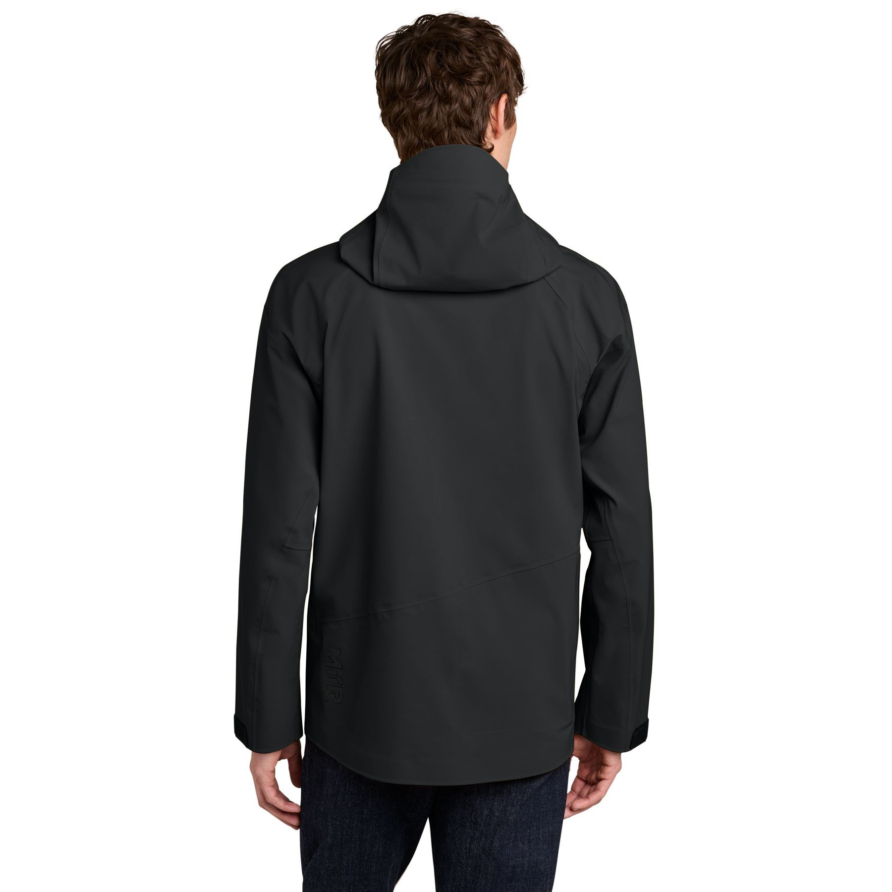 Pitch Black MiiR® Pourigami™ M1 Shell Jacket, waterproof recycled nylon and spandex shell jacket with an adjustable hood, full-length waterproof zipper, zippered pockets, and a streamlined design for hiking, travel, and wet-weather outdoor wear.