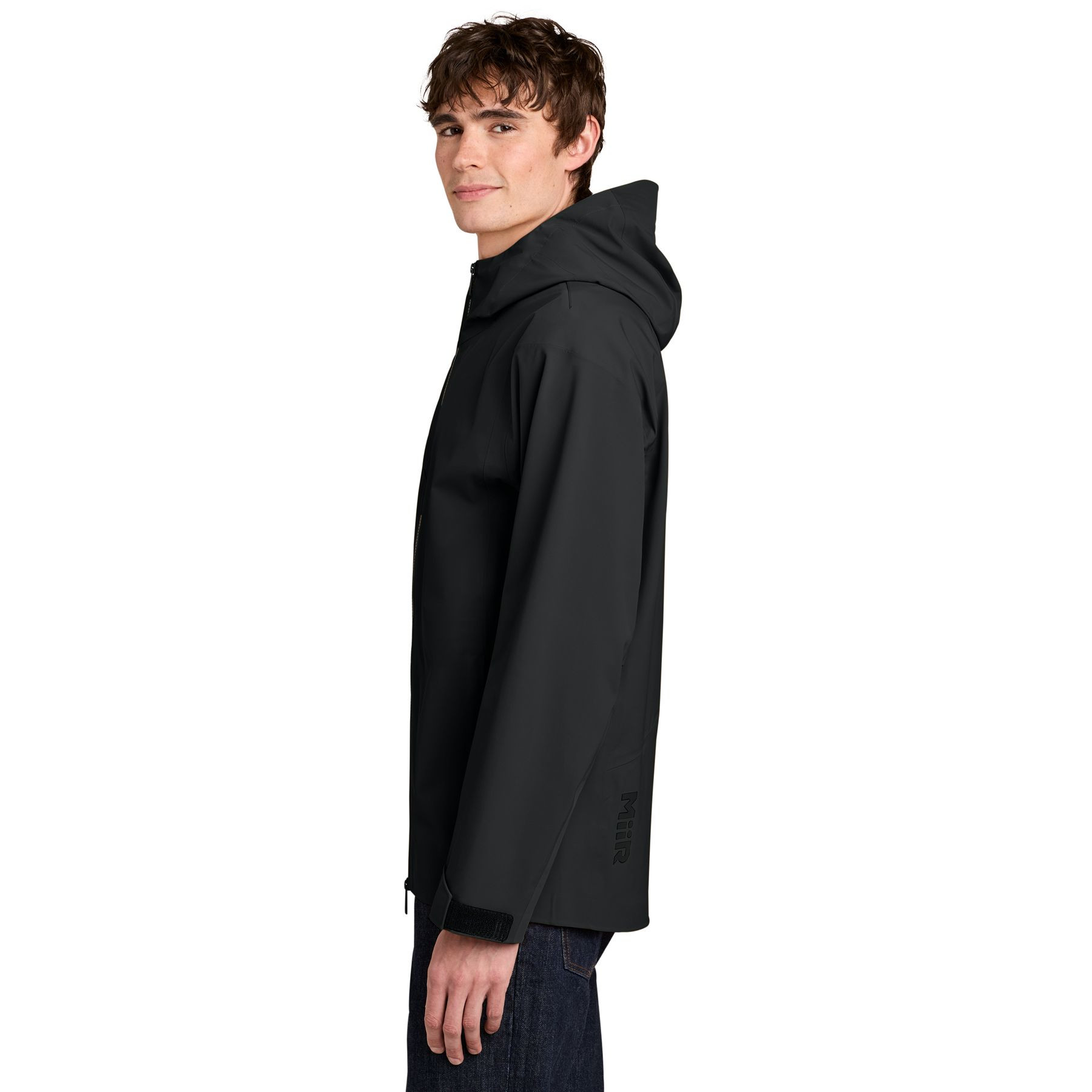 Pitch Black MiiR® Pourigami™ M1 Shell Jacket, waterproof recycled nylon and spandex shell jacket with an adjustable hood, full-length waterproof zipper, zippered pockets, and a streamlined design for hiking, travel, and wet-weather outdoor wear.