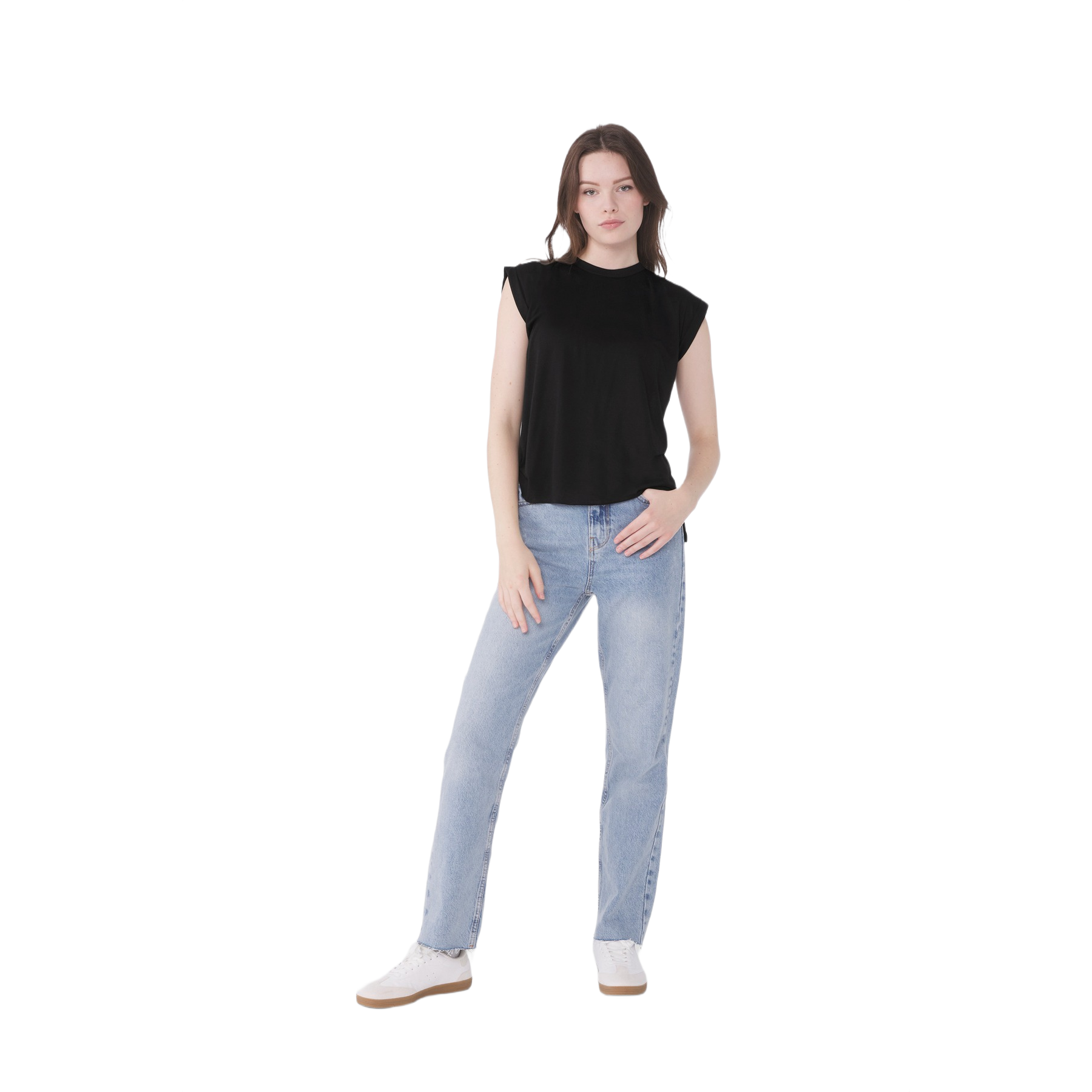 Black BELLA+CANVAS women's flowy muscle tee featuring a relaxed draped fit, rolled cuffs, high-low raw edge hem, side-seamed construction, and lightweight polyester-viscose fabric.
