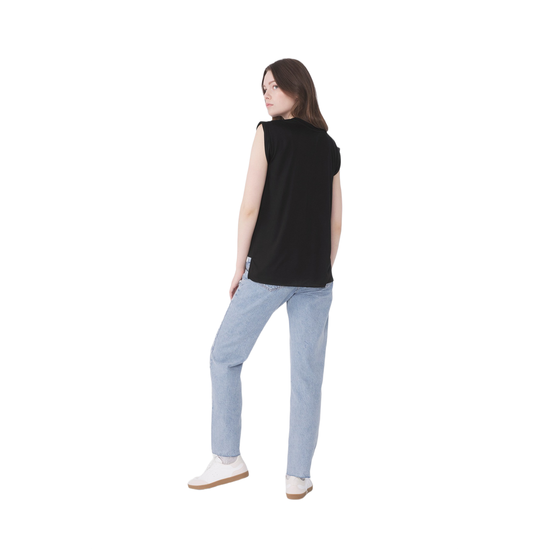 Black BELLA+CANVAS women's flowy muscle tee featuring a relaxed draped fit, rolled cuffs, high-low raw edge hem, side-seamed construction, and lightweight polyester-viscose fabric.