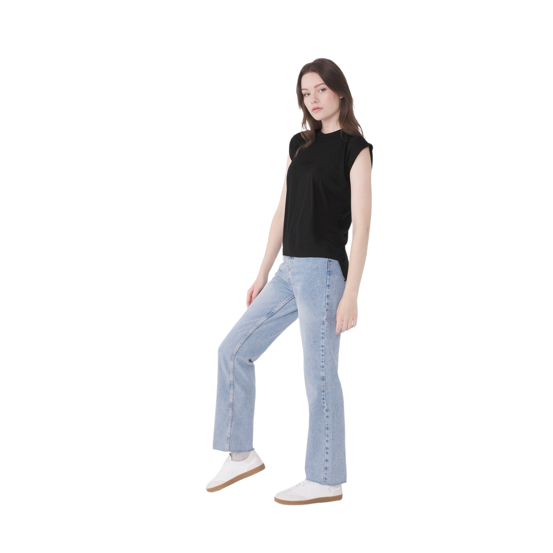 Black BELLA+CANVAS women's flowy muscle tee featuring a relaxed draped fit, rolled cuffs, high-low raw edge hem, side-seamed construction, and lightweight polyester-viscose fabric.