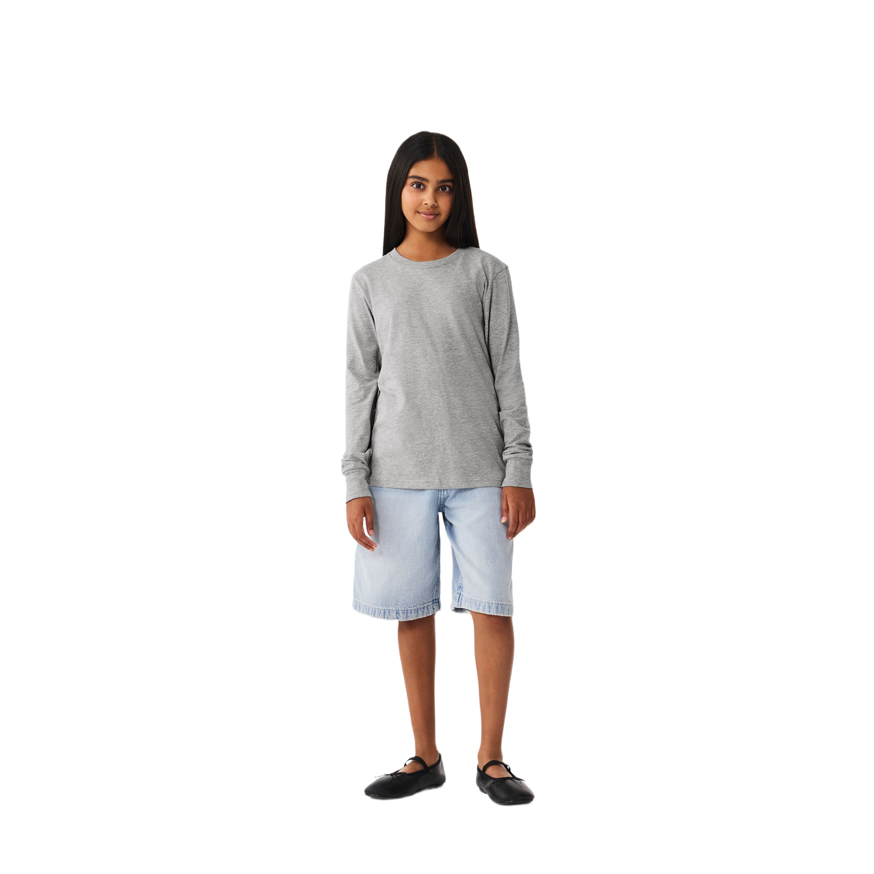 Athletic Heather BELLA+CANVAS youth long sleeve tee made from Airlume combed and ring-spun cotton blend with a modern fit, ribbed cuffs, side-seamed construction, and a crew neckline.