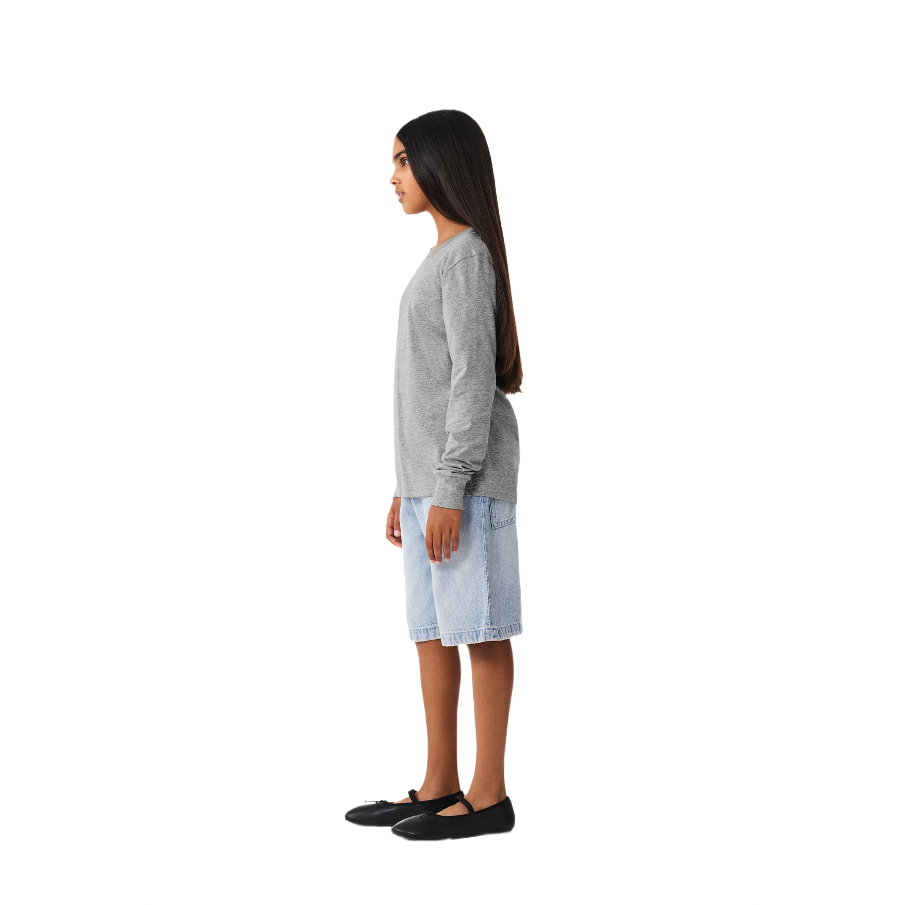 Athletic Heather BELLA+CANVAS youth long sleeve tee made from Airlume combed and ring-spun cotton blend with a modern fit, ribbed cuffs, side-seamed construction, and a crew neckline.
