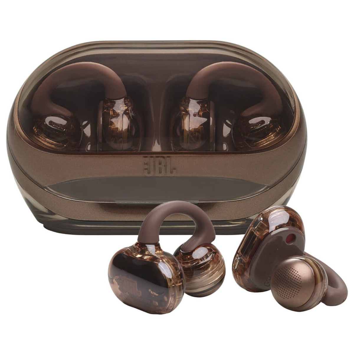 Copper JBL Soundgear Clips open-ear wireless earbuds, lightweight clip-on earbuds with an open-ear design, compact charging case, and ergonomic fit for comfortable listening, calls, and everyday use.