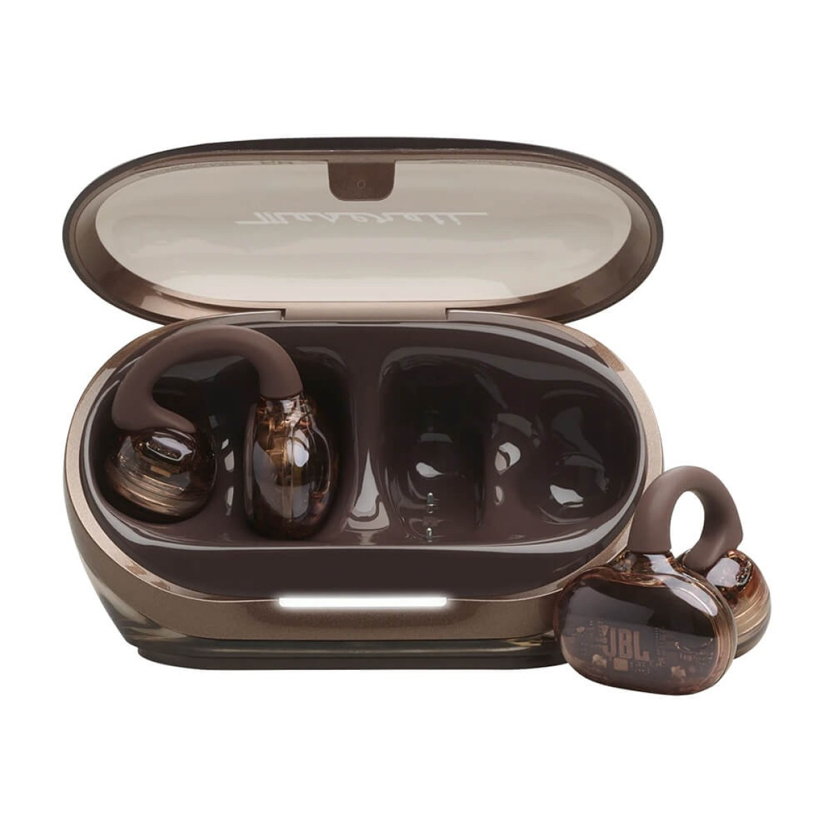 Copper JBL Soundgear Clips open-ear wireless earbuds, lightweight clip-on earbuds with an open-ear design, compact charging case, and ergonomic fit for comfortable listening, calls, and everyday use.