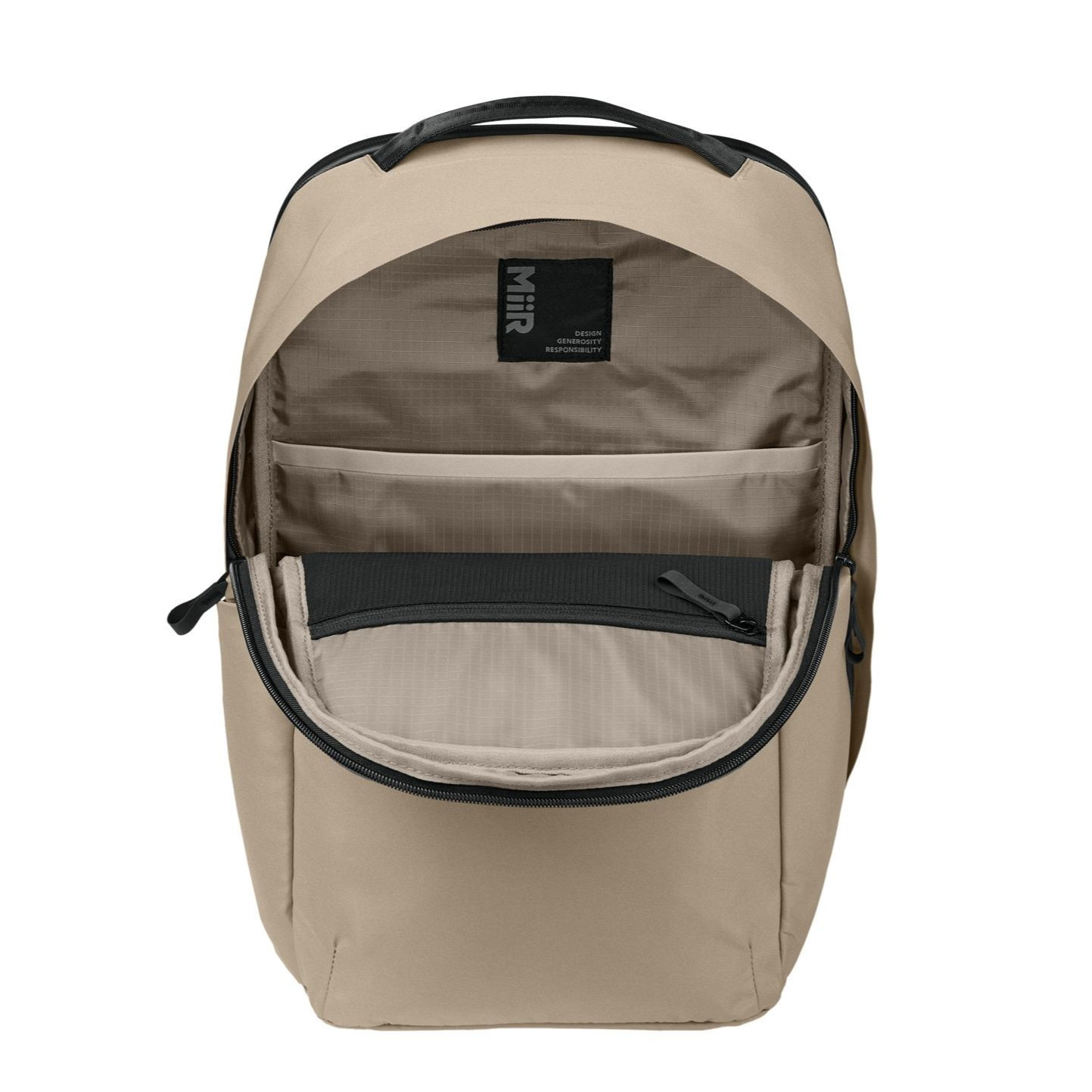 Linen MiiR® Kondoh Classic Pack backpack, durable recycled polyester backpack with a streamlined silhouette, padded shoulder straps, dual-zip main compartment, side water bottle pocket, and multiple organizer pockets for commuting, travel, work, and everyday carry.