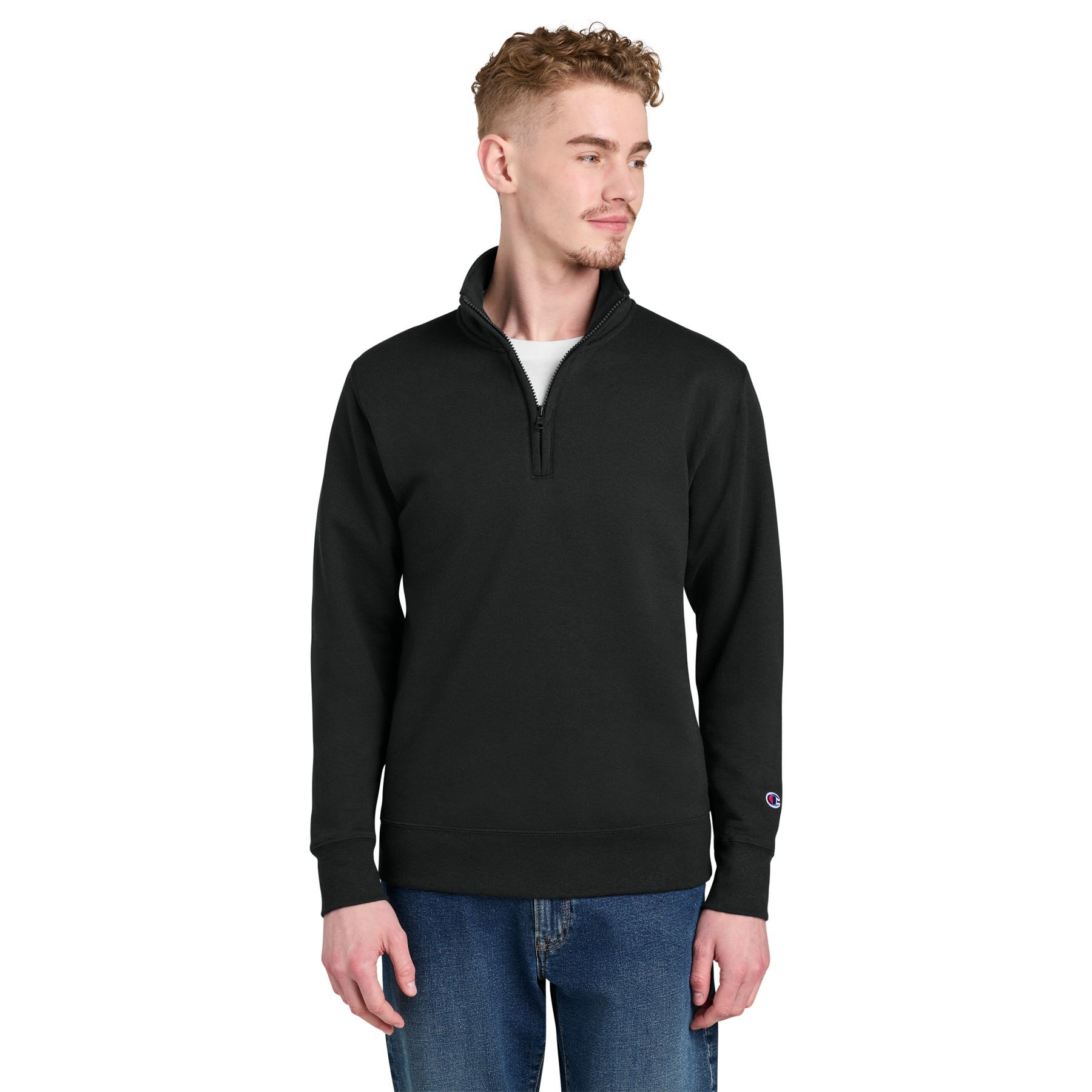 Black Champion Powerblend quarter-zip sweatshirt made from a cotton-polyester fleece blend with a fleece-lined collar, covered quarter-zip closure, rib knit cuffs and hem, relaxed fit, and embroidered Champion "C" logo on the left cuff.