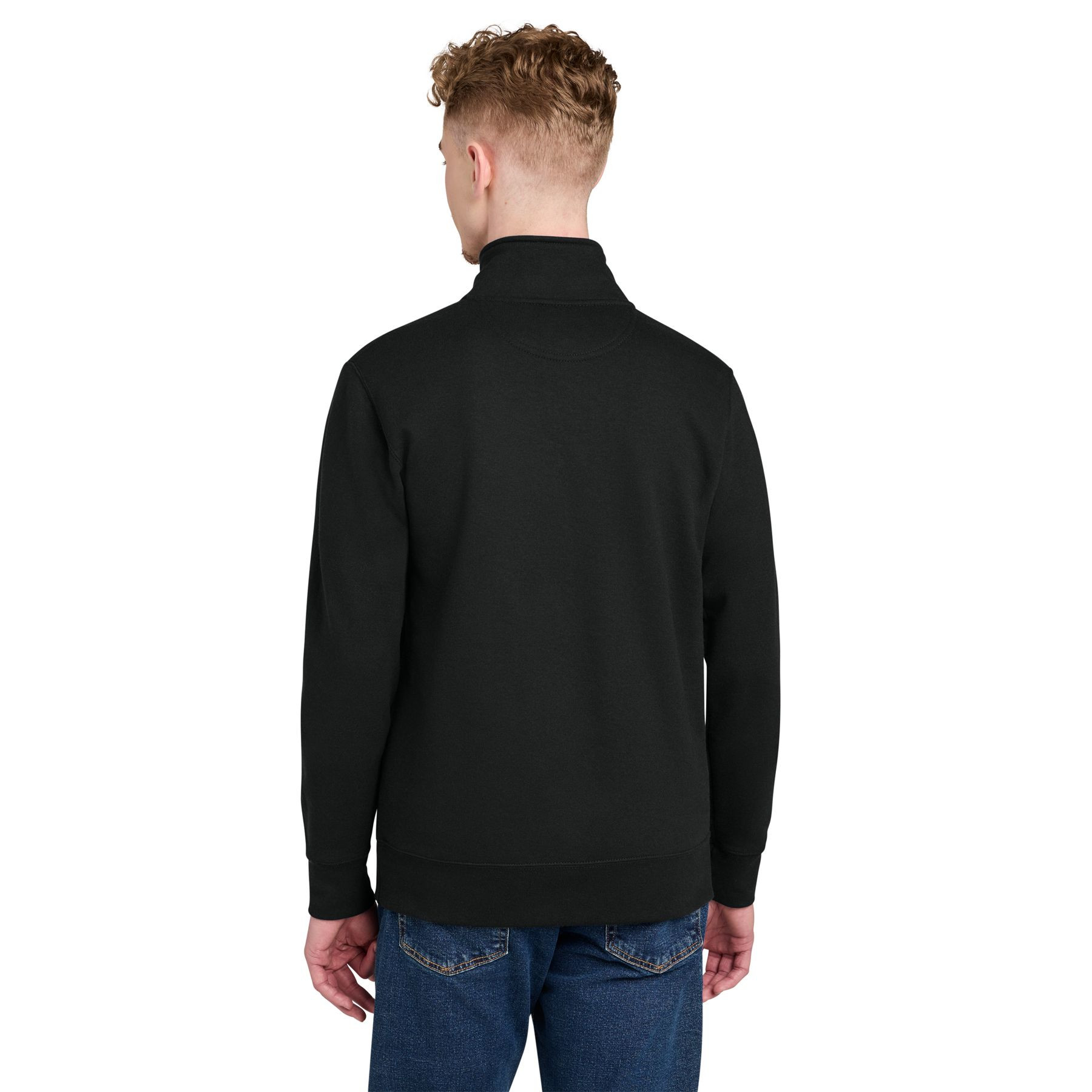 Black Champion Powerblend quarter-zip sweatshirt made from a cotton-polyester fleece blend with a fleece-lined collar, covered quarter-zip closure, rib knit cuffs and hem, relaxed fit, and embroidered Champion "C" logo on the left cuff.