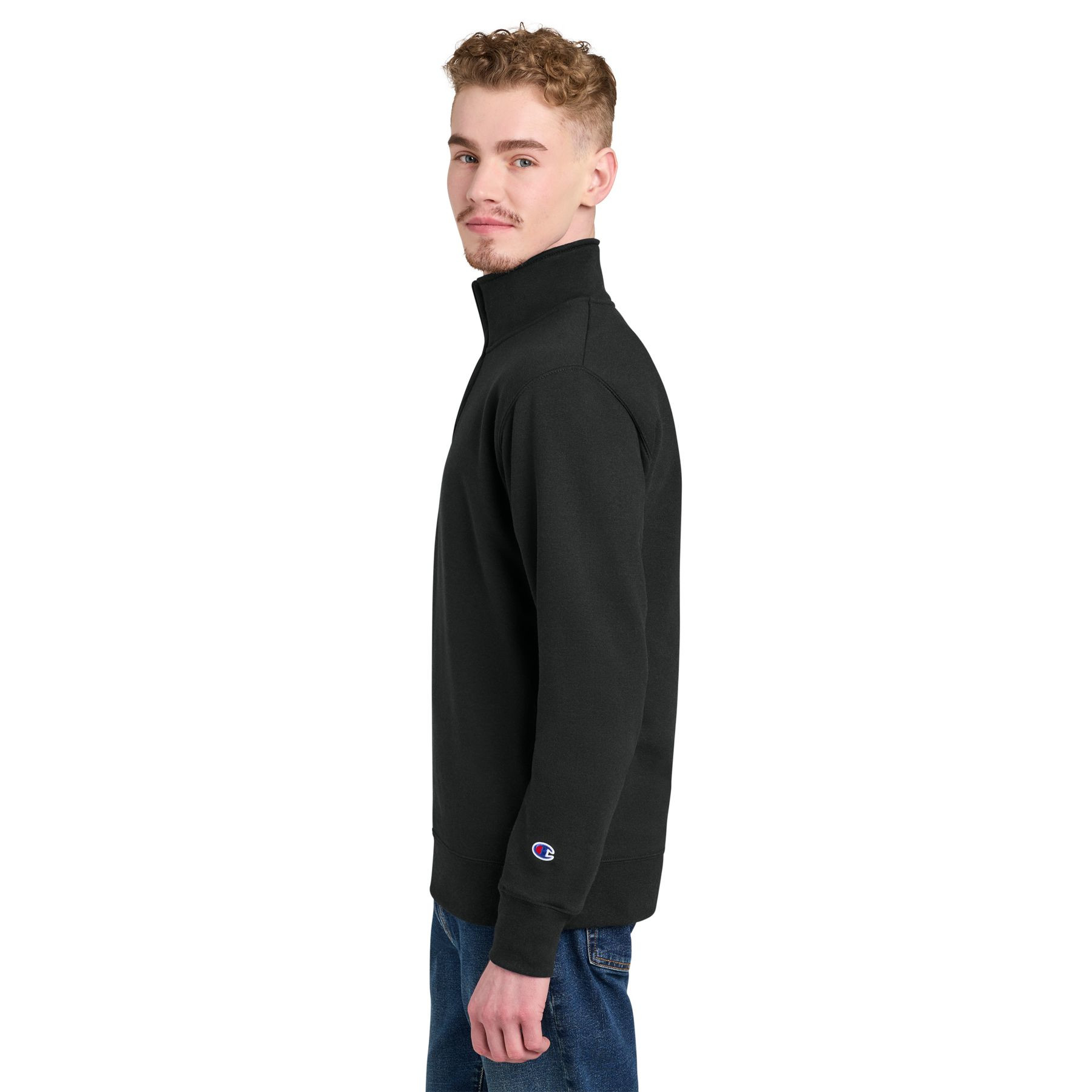 Black Champion Powerblend quarter-zip sweatshirt made from a cotton-polyester fleece blend with a fleece-lined collar, covered quarter-zip closure, rib knit cuffs and hem, relaxed fit, and embroidered Champion "C" logo on the left cuff.