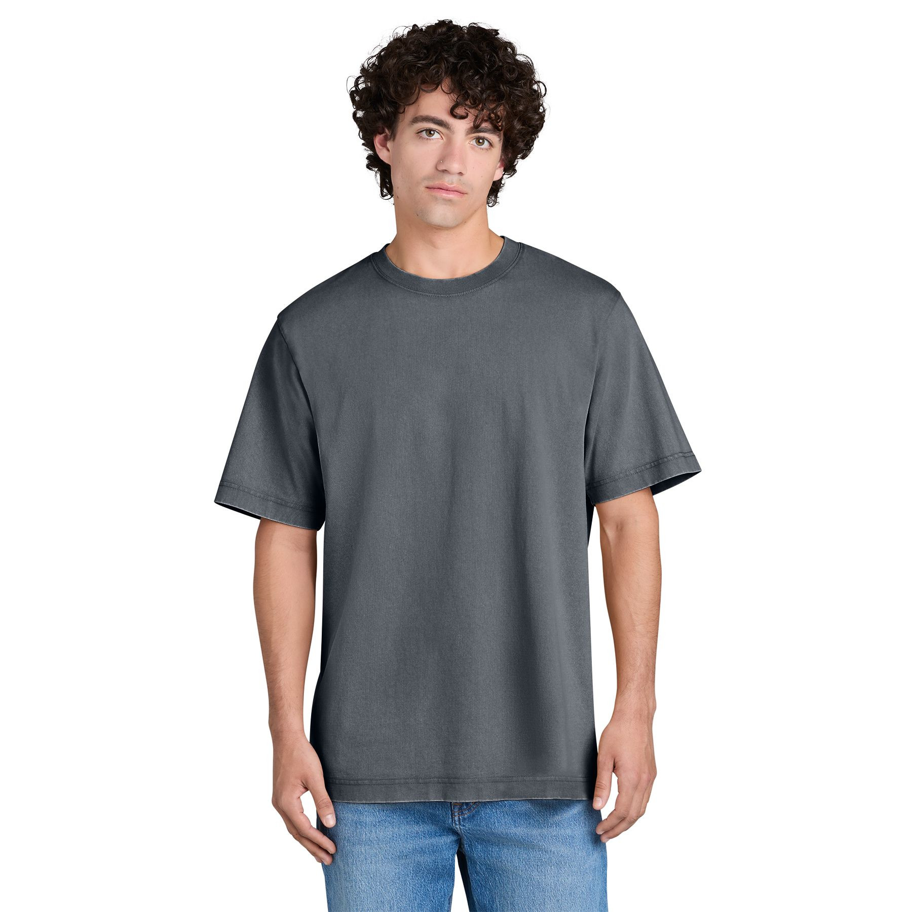 G. Dyed Anthracite heavyweight vintage tee made from organic garment-dyed cotton with a rib knit crew neck, relaxed fit, double-needle topstitched sleeves, and subtle seam shading.