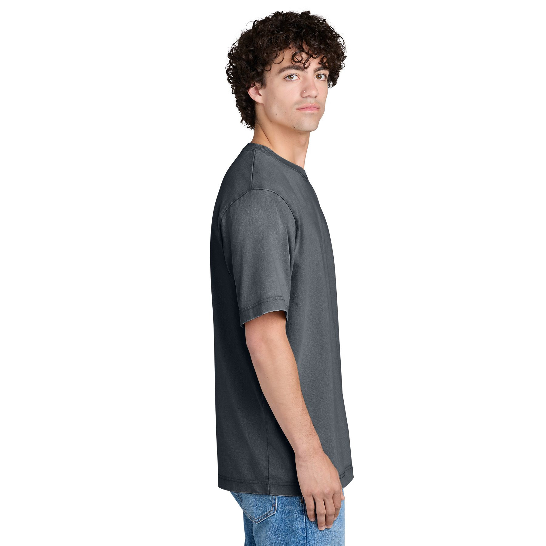 G. Dyed Anthracite heavyweight vintage tee made from organic garment-dyed cotton with a rib knit crew neck, relaxed fit, double-needle topstitched sleeves, and subtle seam shading.