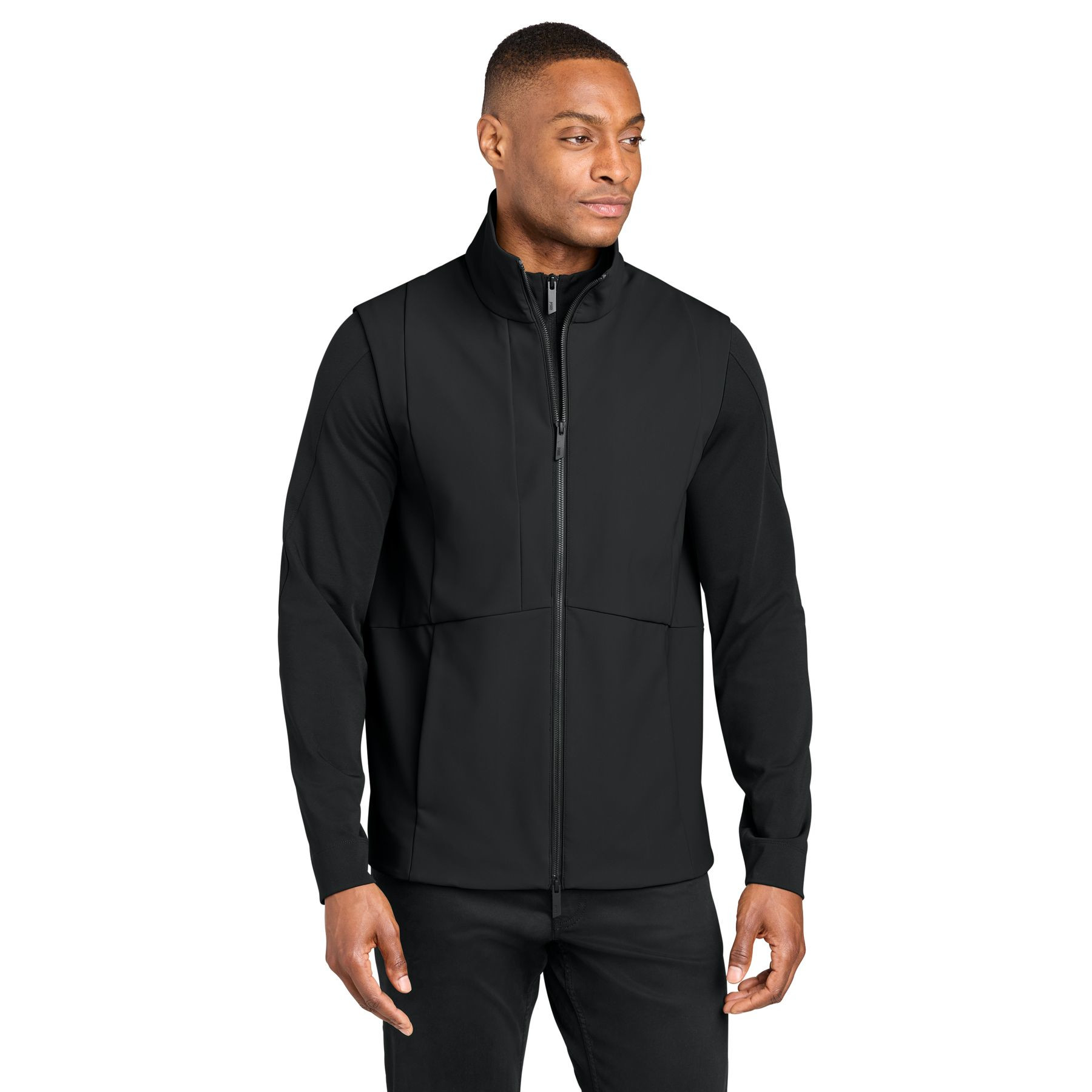 Pitch Black MiiR® Nozawa Soft Shell Vest, recycled nylon and spandex soft shell vest with a full-zip front, stand collar, zippered chest and hand pockets, and a streamlined fit for layering, outdoor activities, commuting, and everyday wear.