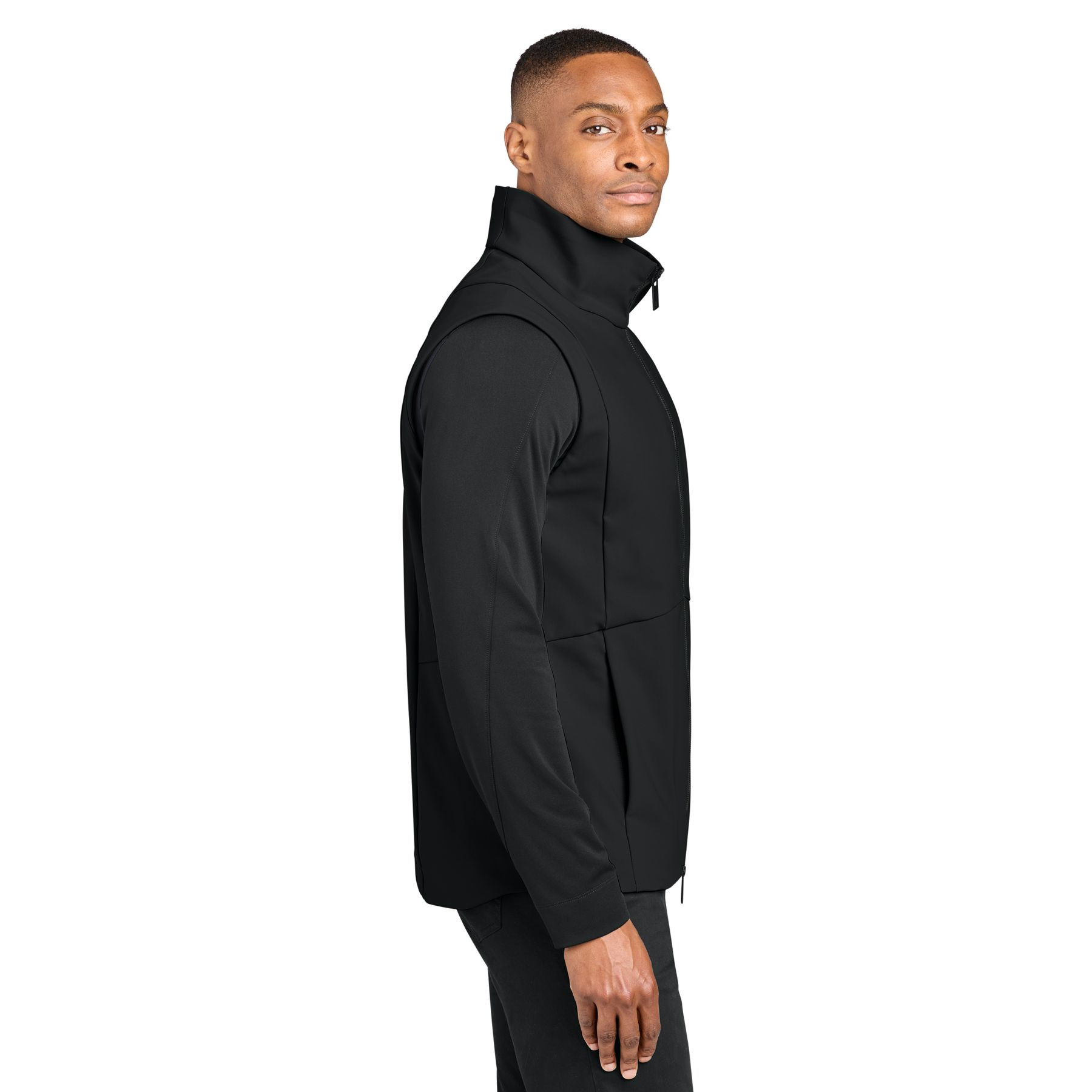 Pitch Black MiiR® Nozawa Soft Shell Vest, recycled nylon and spandex soft shell vest with a full-zip front, stand collar, zippered chest and hand pockets, and a streamlined fit for layering, outdoor activities, commuting, and everyday wear.