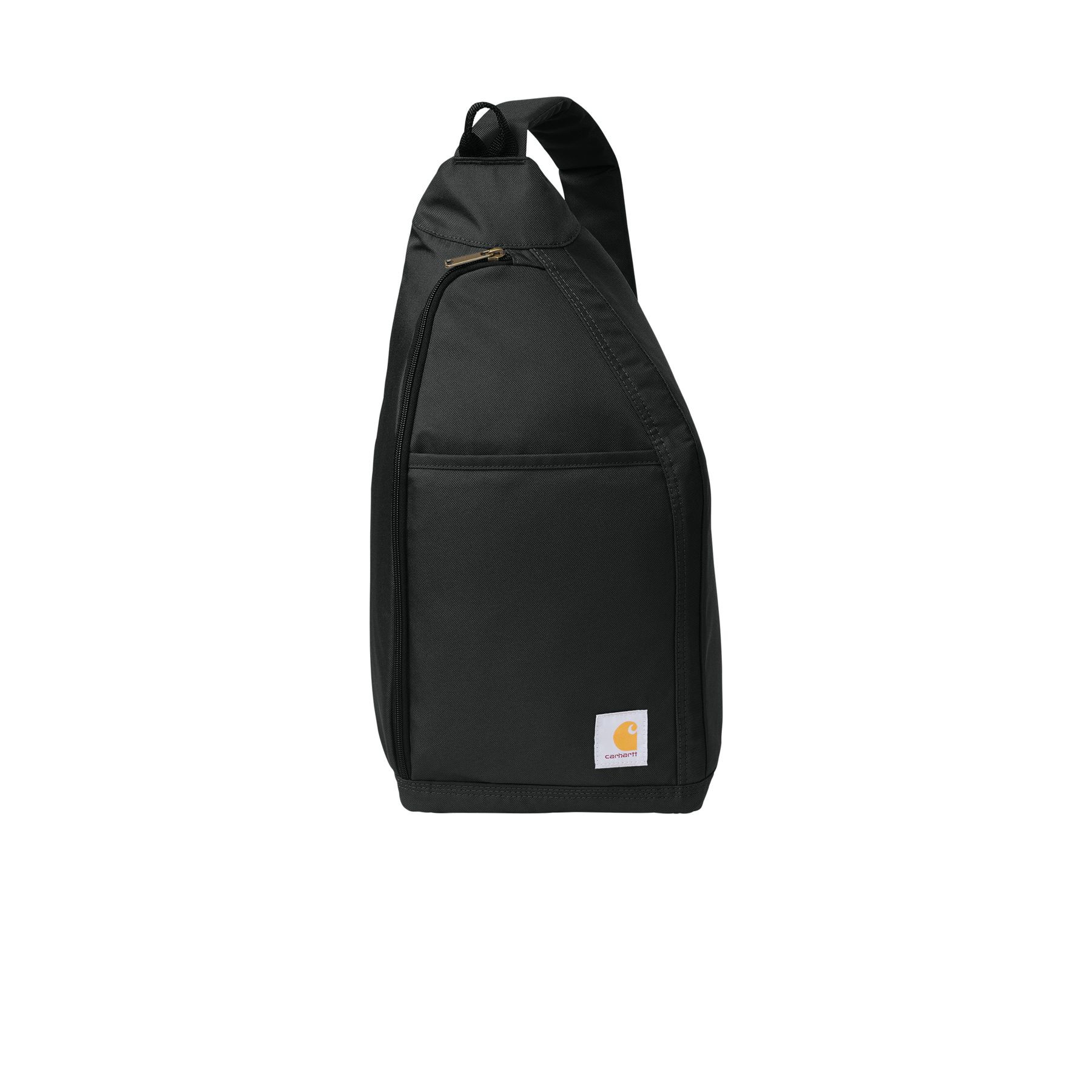 Black rugged polyester sling bag with a durable water-repellent finish, padded tablet sleeve, multiple zippered compartments, adjustable padded shoulder strap, and front slip pocket.