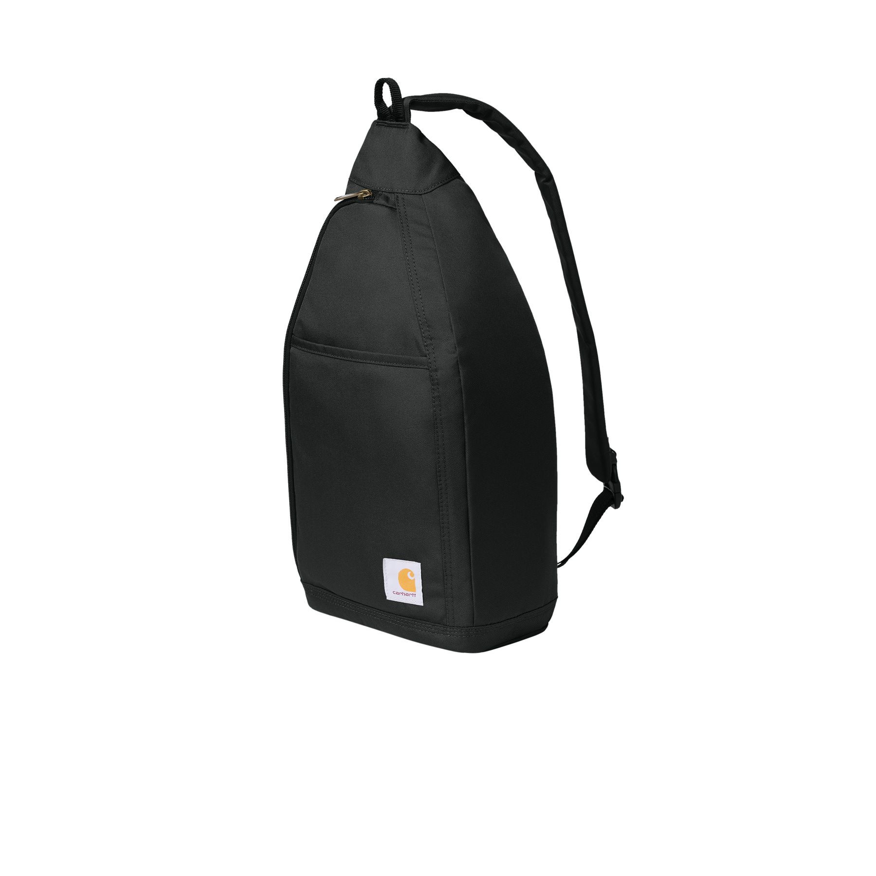 Black rugged polyester sling bag with a durable water-repellent finish, padded tablet sleeve, multiple zippered compartments, adjustable padded shoulder strap, and front slip pocket.