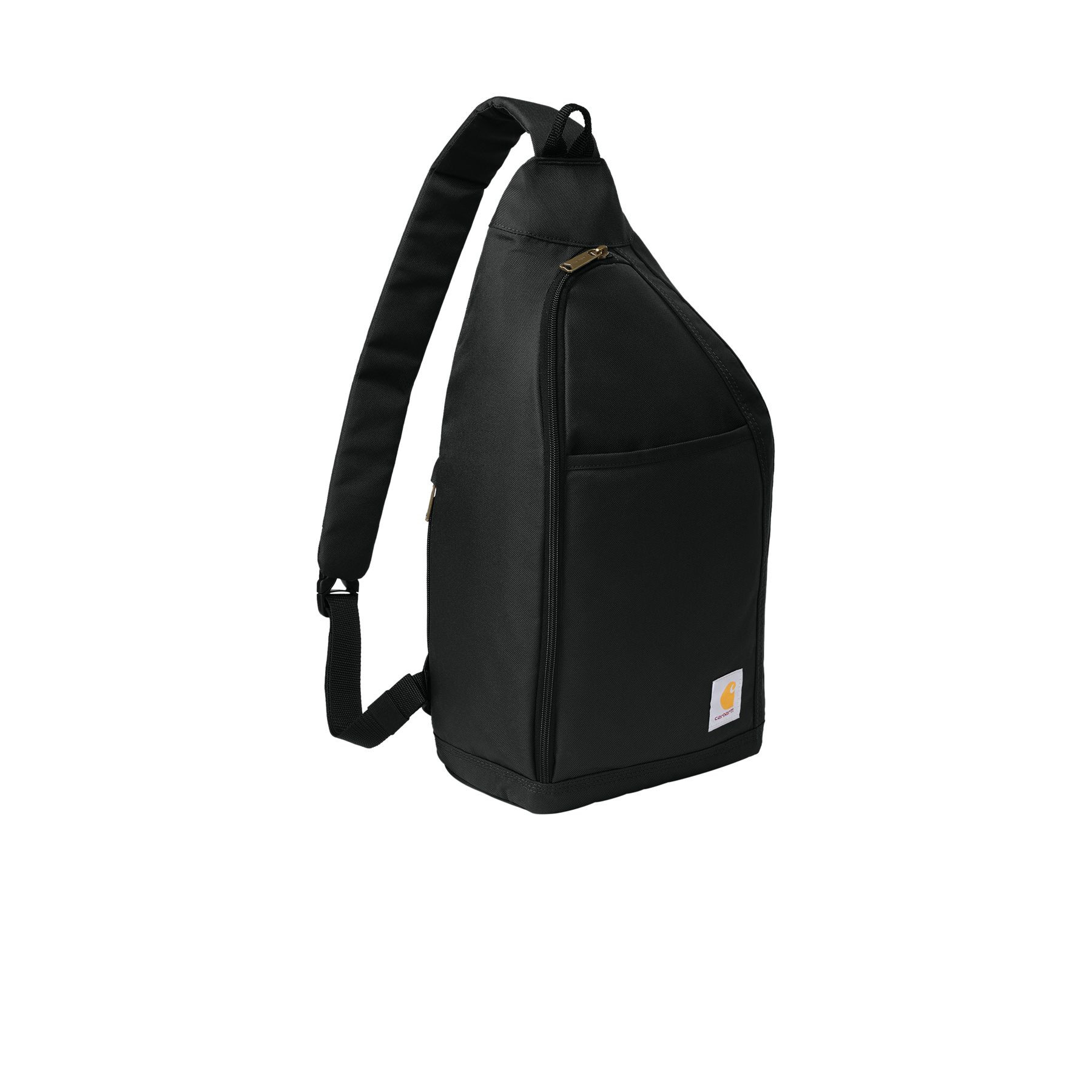Black rugged polyester sling bag with a durable water-repellent finish, padded tablet sleeve, multiple zippered compartments, adjustable padded shoulder strap, and front slip pocket.