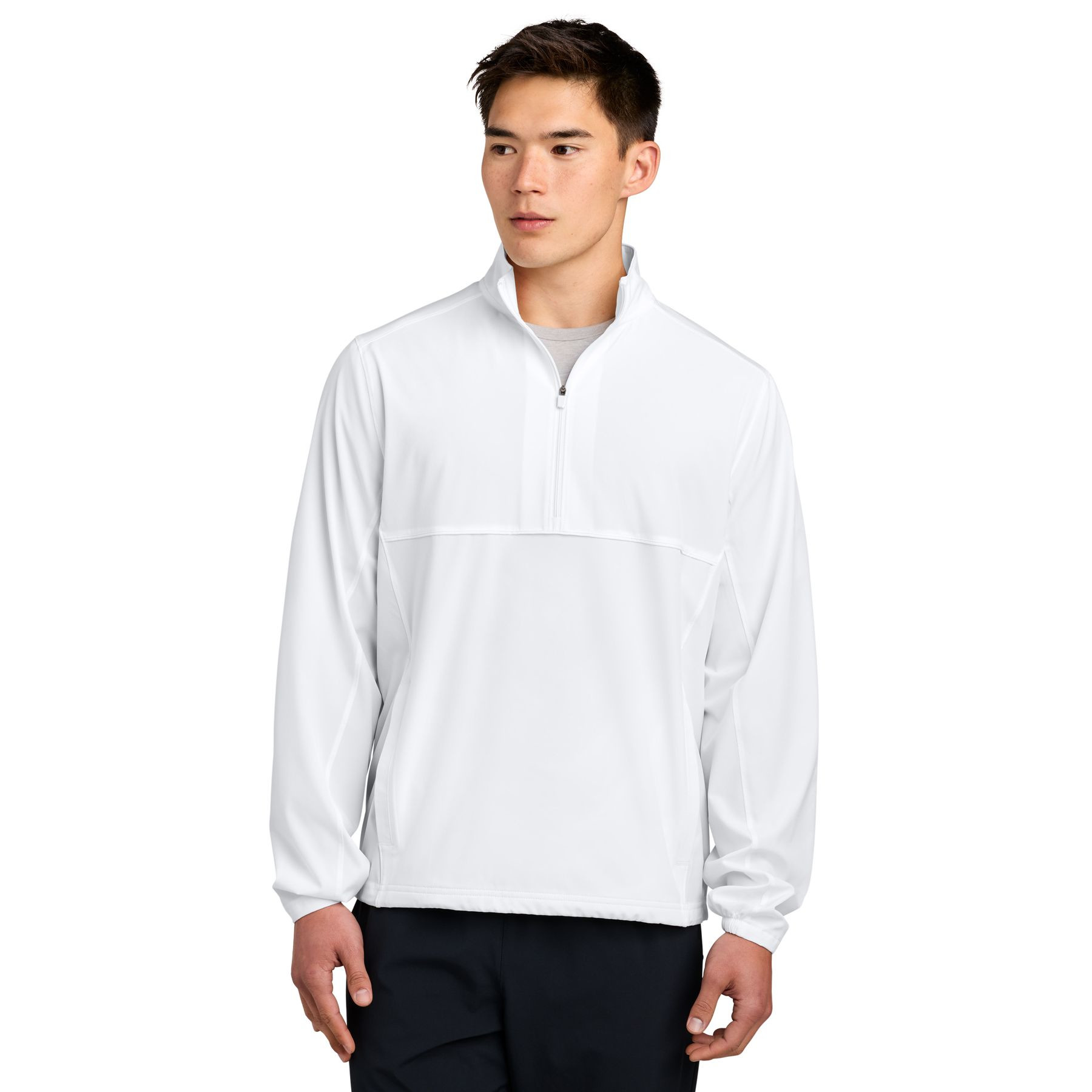 White Sport-Tek® Repeat 1/2-Zip Pullover, lightweight polyester and spandex performance pullover with a half-zip front, stand collar, front pockets, elastic cuffs, and a relaxed fit for training, outdoor activities, and everyday wear.