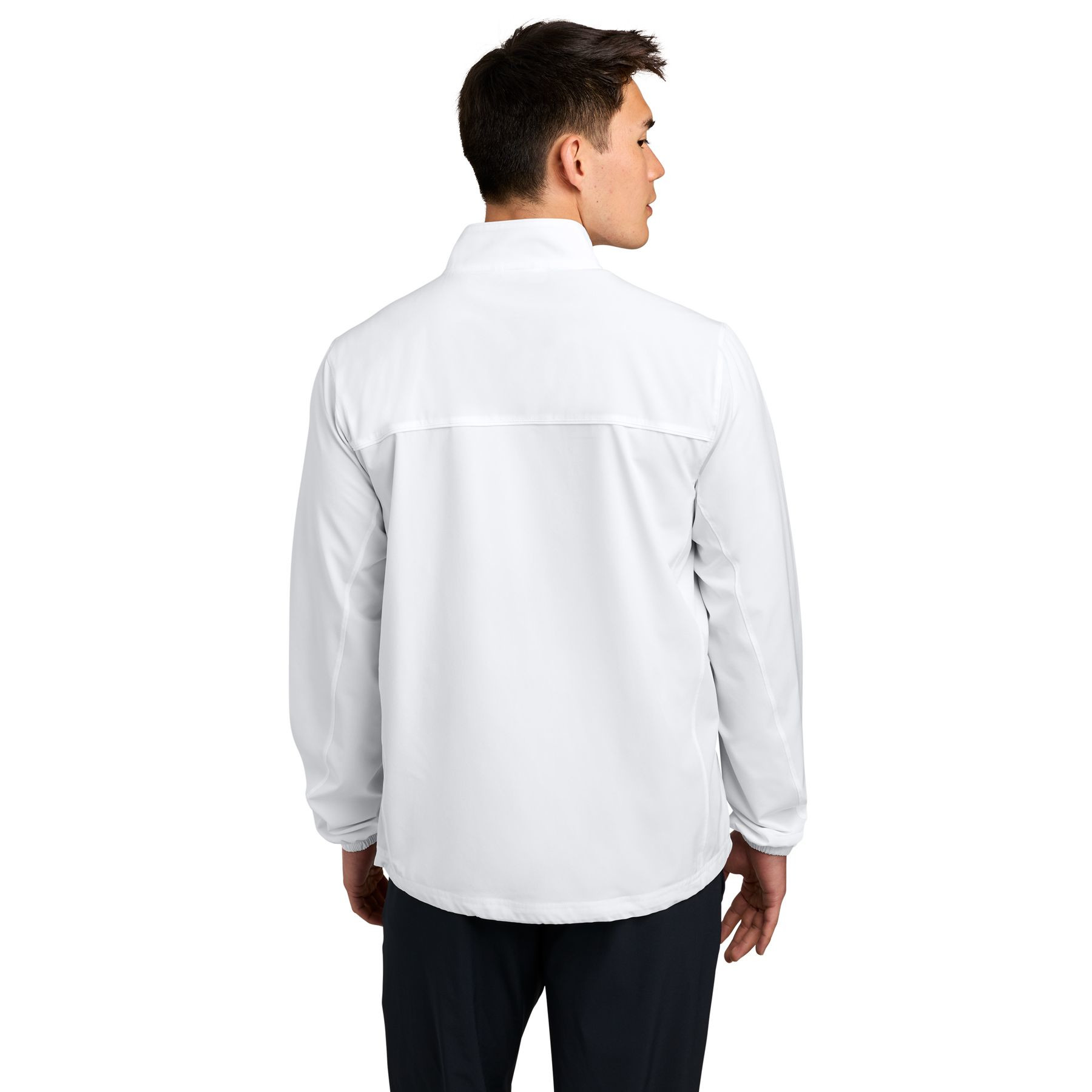 White Sport-Tek® Repeat 1/2-Zip Pullover, lightweight polyester and spandex performance pullover with a half-zip front, stand collar, front pockets, elastic cuffs, and a relaxed fit for training, outdoor activities, and everyday wear.