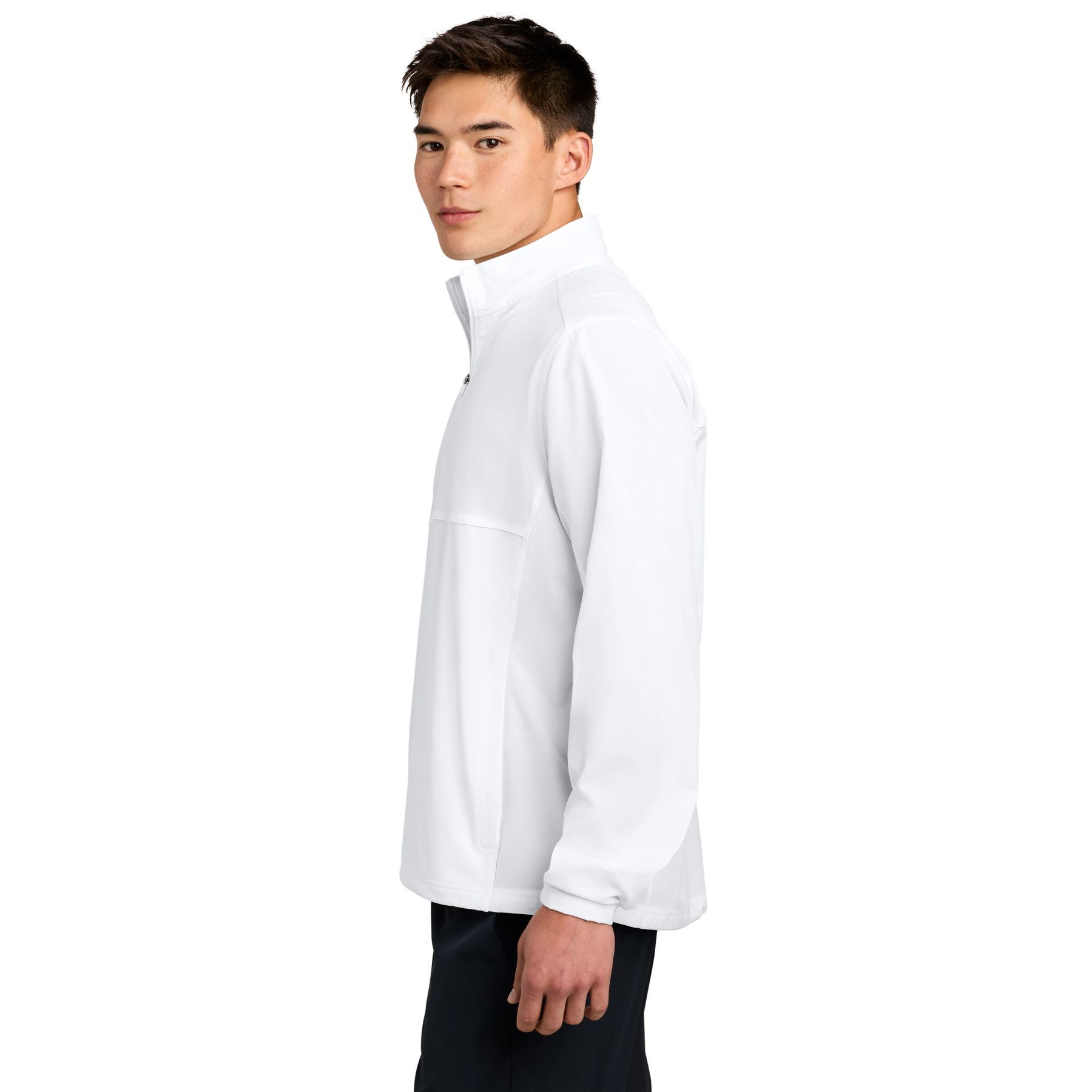White Sport-Tek® Repeat 1/2-Zip Pullover, lightweight polyester and spandex performance pullover with a half-zip front, stand collar, front pockets, elastic cuffs, and a relaxed fit for training, outdoor activities, and everyday wear.