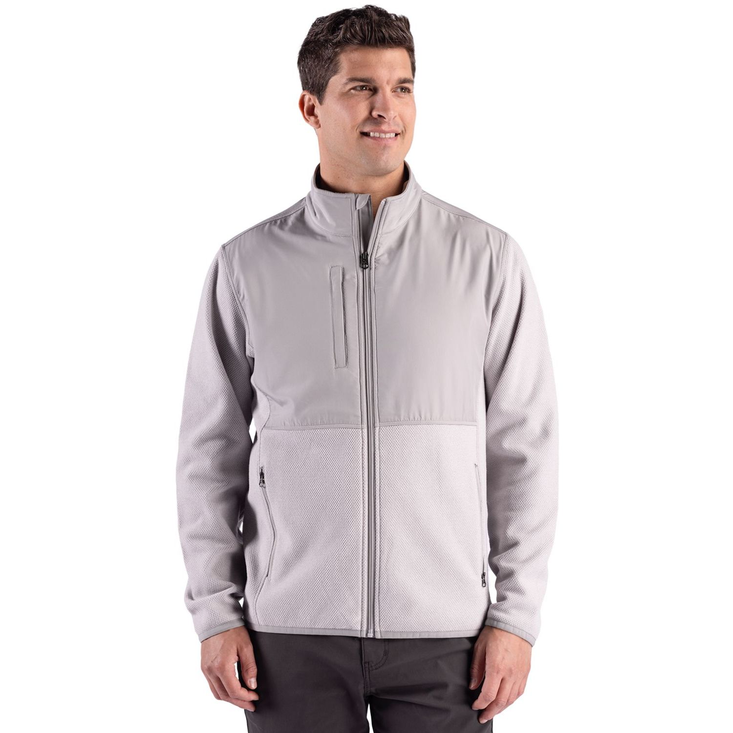 Polished Cutter & Buck men's recycled fleece full-zip jacket featuring a jacquard textured finish, mock neck, zip pockets, and moisture-wicking performance fabric.