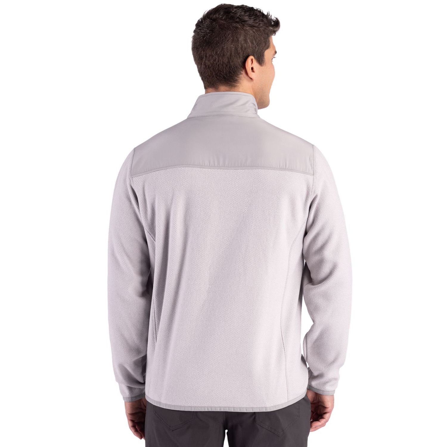 Polished Cutter & Buck men's recycled fleece full-zip jacket featuring a jacquard textured finish, mock neck, zip pockets, and moisture-wicking performance fabric.