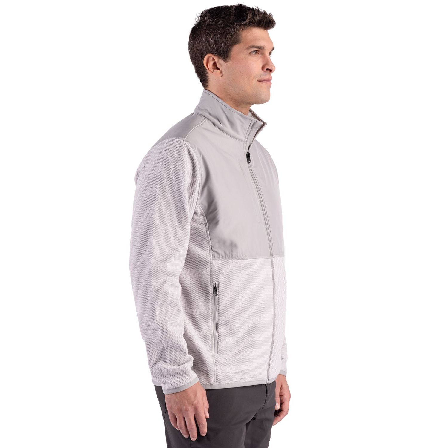 Polished Cutter & Buck men's recycled fleece full-zip jacket featuring a jacquard textured finish, mock neck, zip pockets, and moisture-wicking performance fabric.